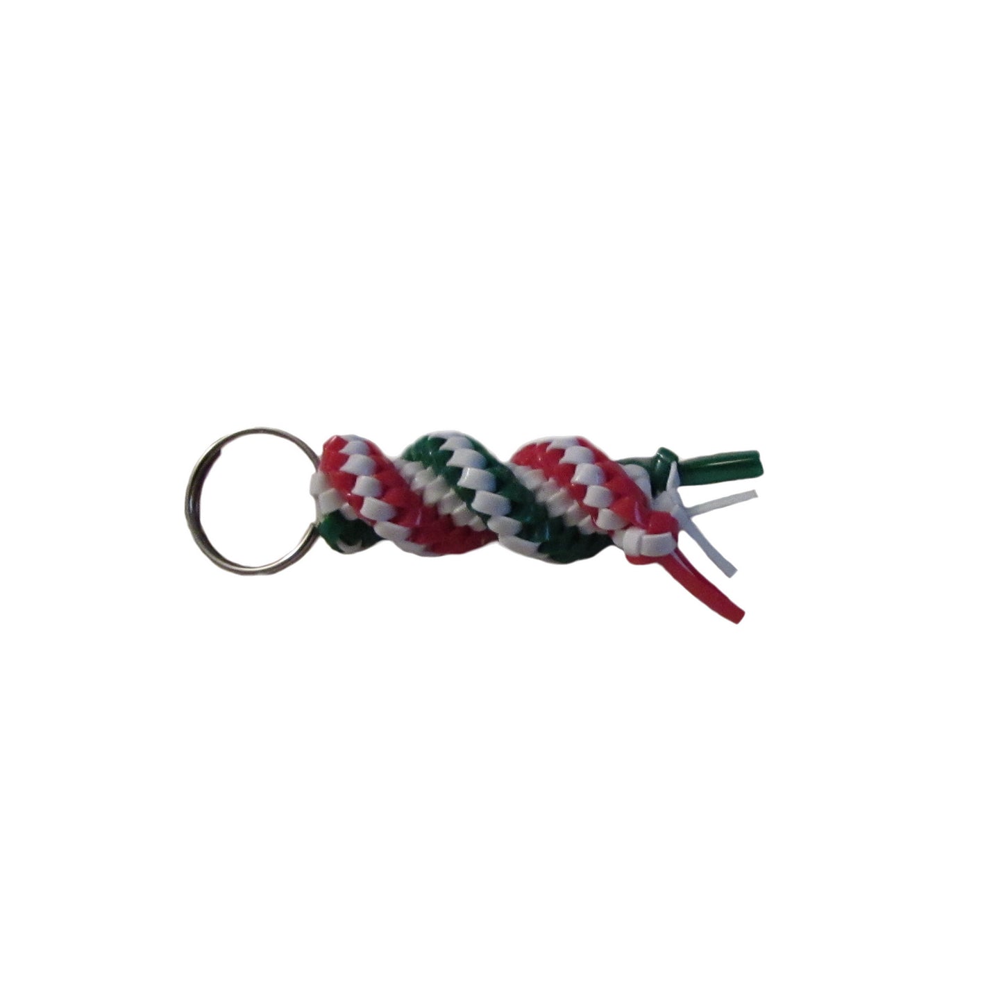 Red, Green, and White Plastic Lacing Key Chain Left view