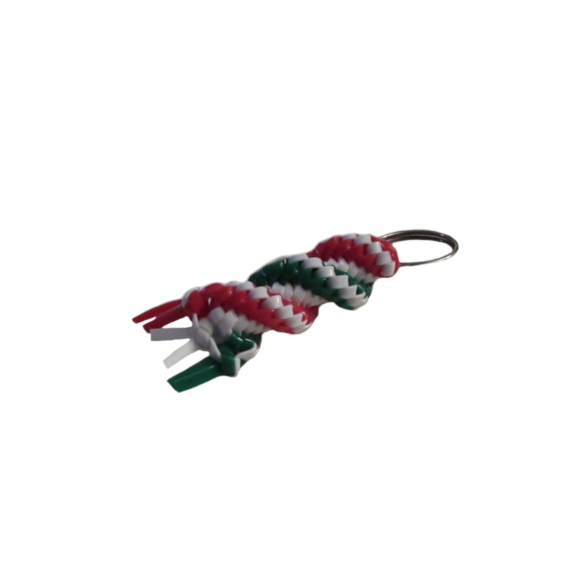 Red, Green, and White Plastic Lacing Key Chain Right view