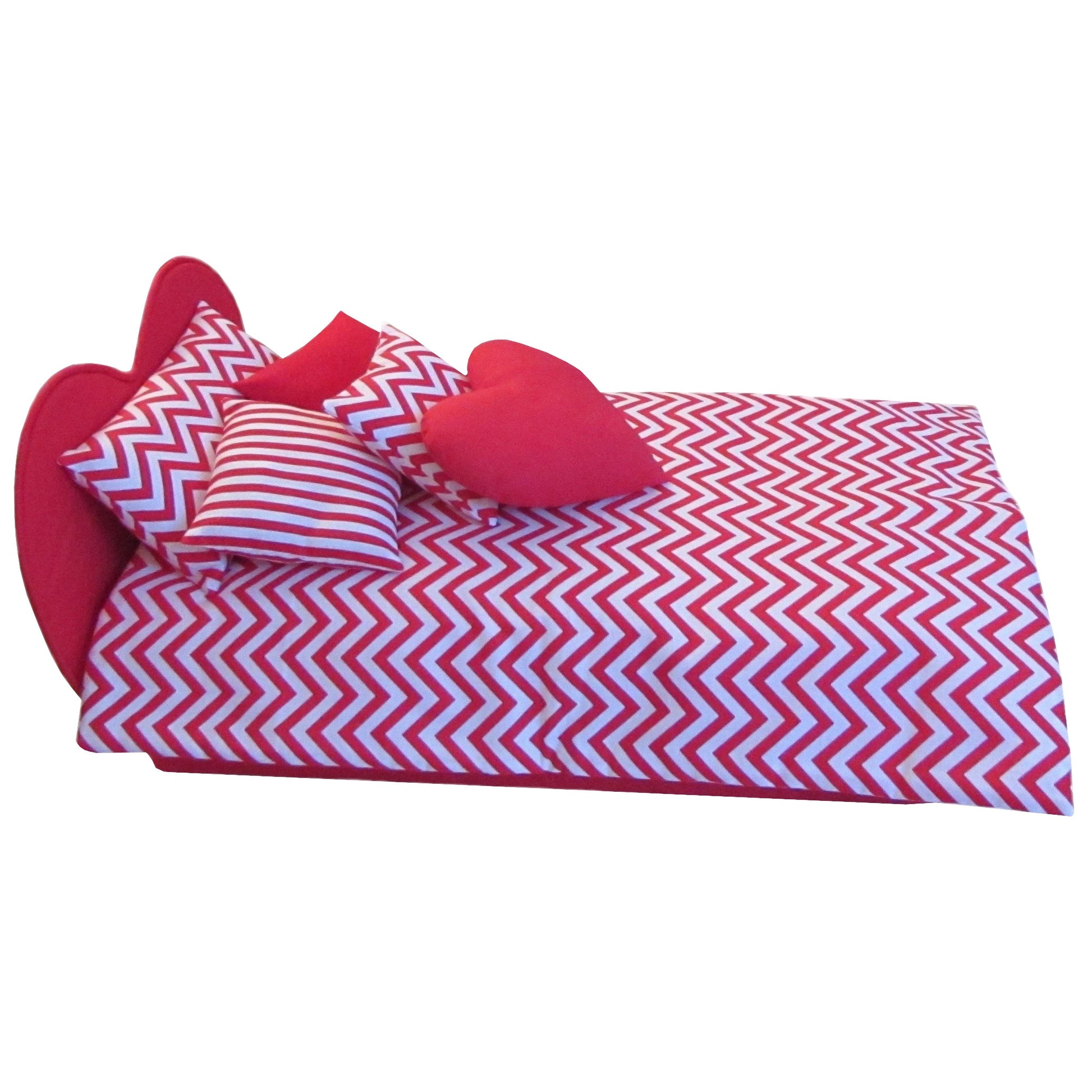 Red and White Chevron Doll Comforter Set and Red Heart Upholstered Doll Bed for 18-inch dolls