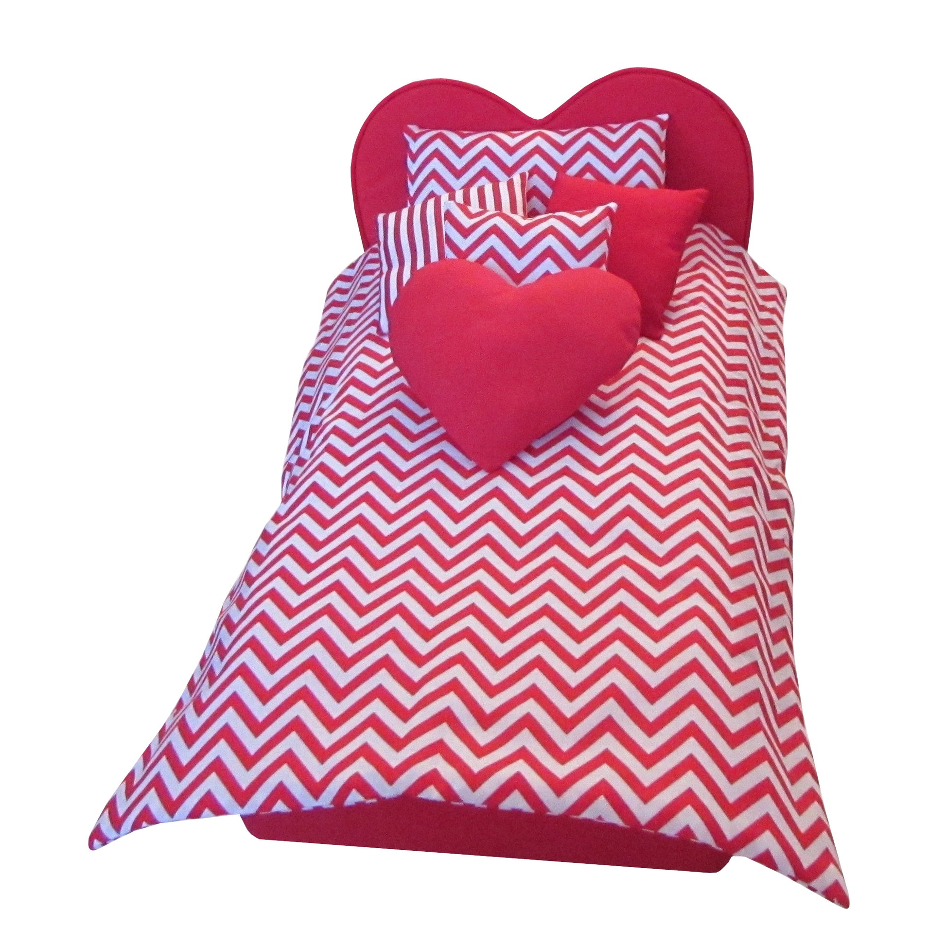 Red and White Chevron Doll Comforter Set and Red Heart Upholstered Doll Bed for 18-inch dolls Second view