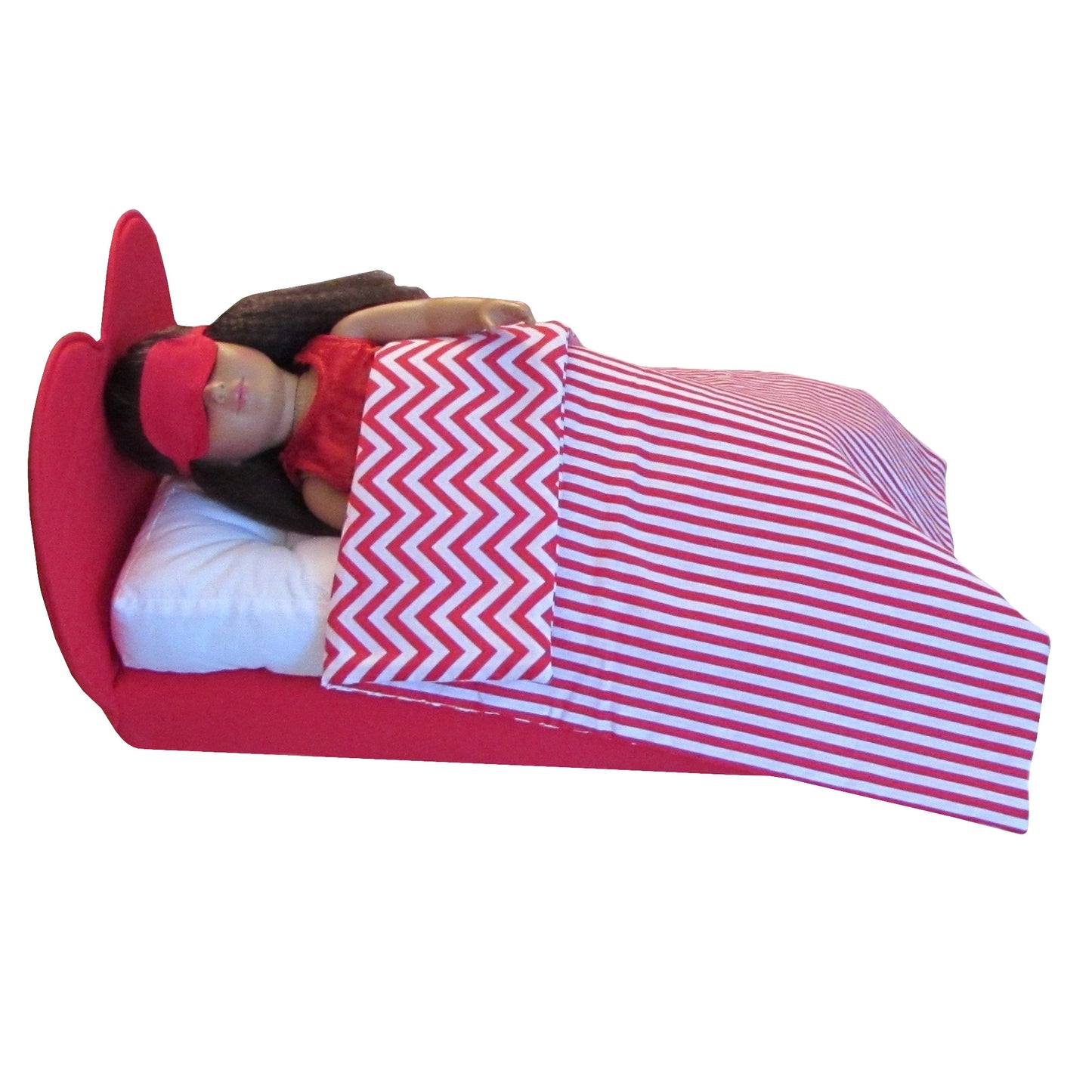 Red and White Striped Doll Comforter Set, Red Heart Upholstered Doll Bed, doll, and red eye mask for 18-inch dolls