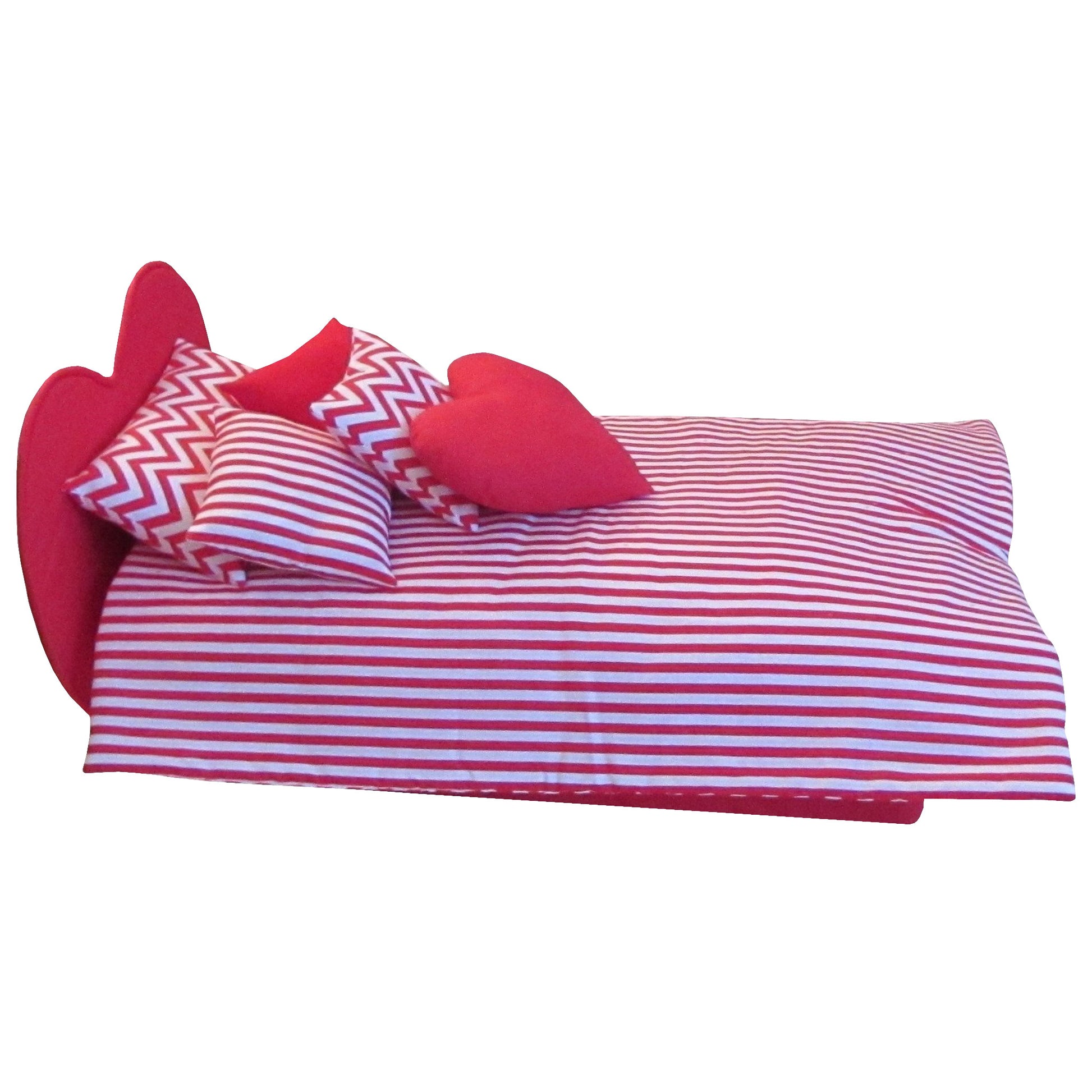 Red and White Stripes Doll Comforter Set and Red Heart Upholstered Doll Bed for 18-inch dolls