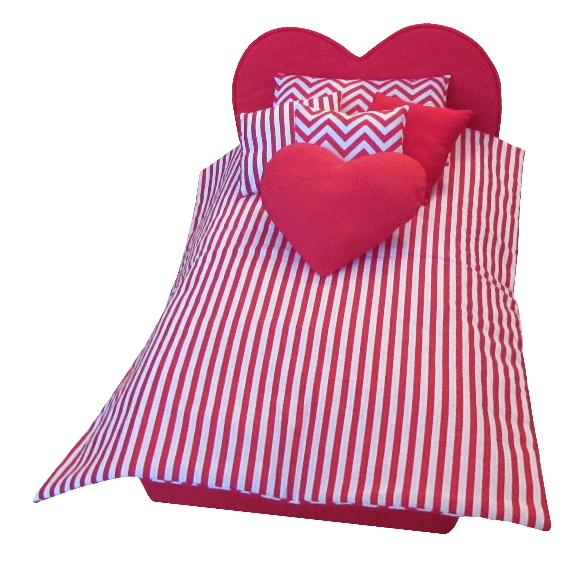 Red and White Striped Doll Comforter Set and Red Heart Upholstered Doll Bed for 18-inch dolls Second view