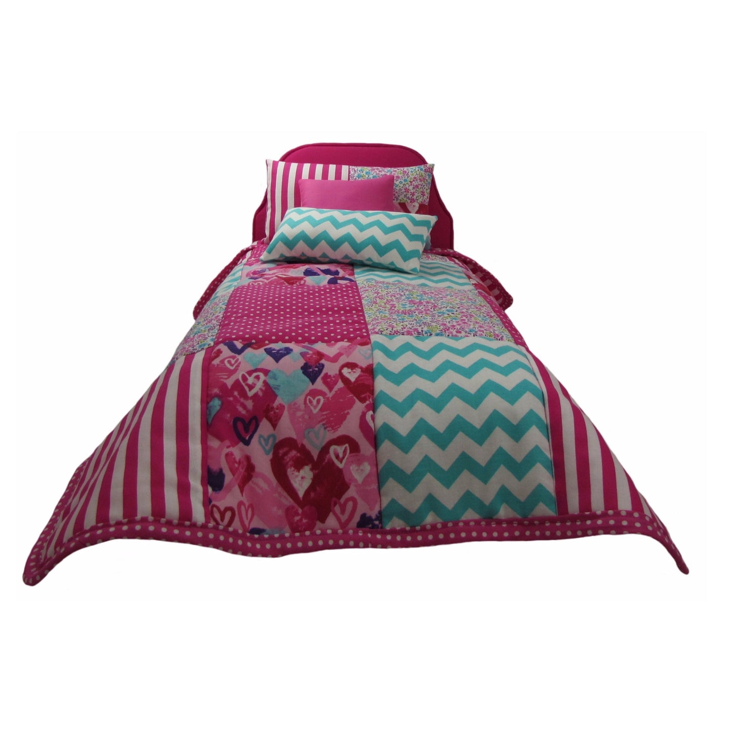 Stripes, Dots, and Floral Doll Quilt on Bright Pink Upholstered Doll Bed for 18-inch dolls