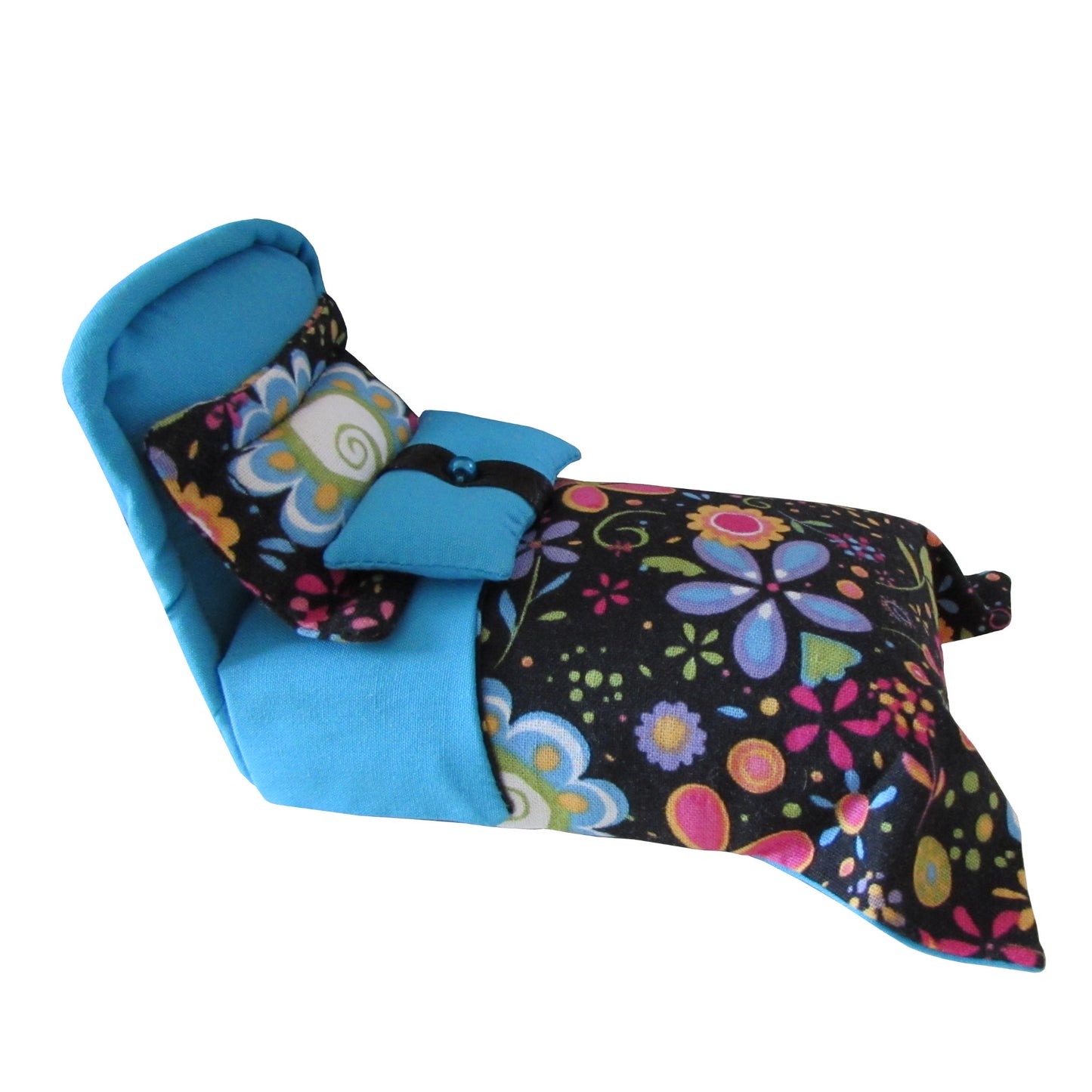 Turquoise Pincushion Bed with Floral Bedding Side view