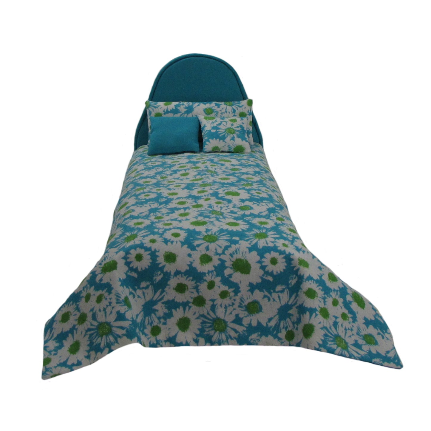 Turquoise Upholstered Doll Bed and Floral Doll Bedding for 11.5-inch and 12-inch dolls Second view