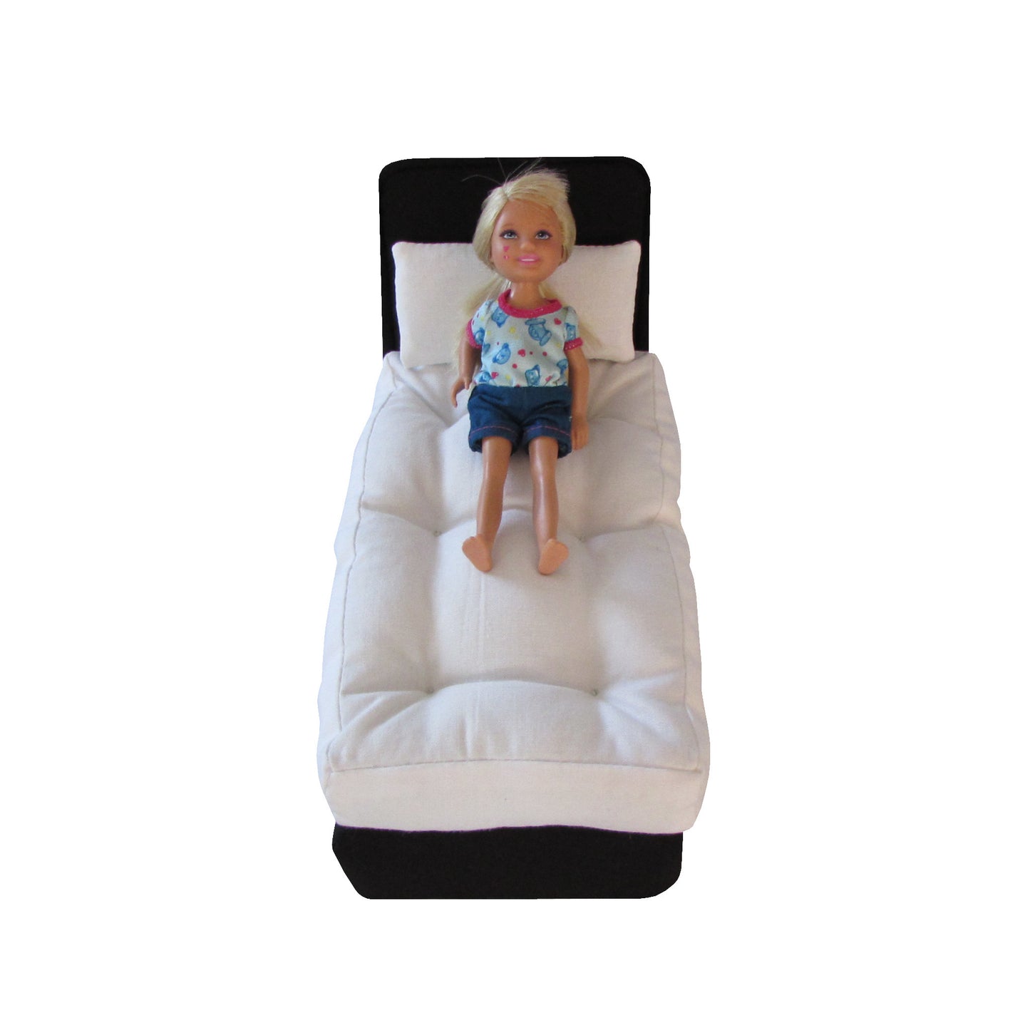 Upholstered Black Doll Bed for 6.5-inch dolls with doll