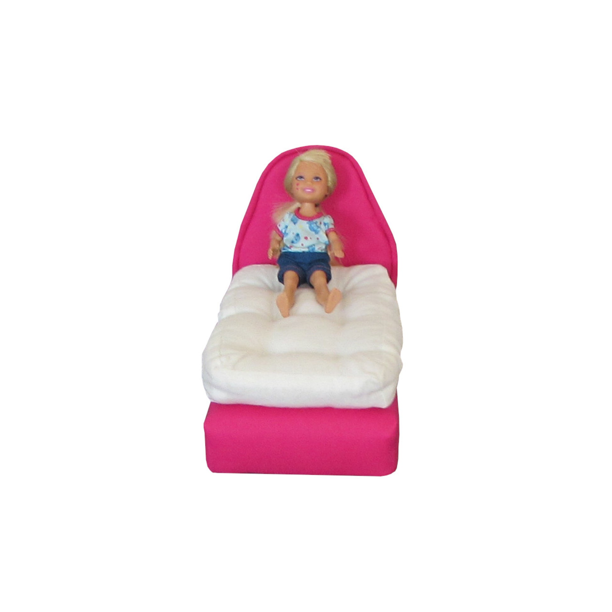 Upholstered Bright Pink Doll Bed and Mattress for 6.5-inch dolls with doll