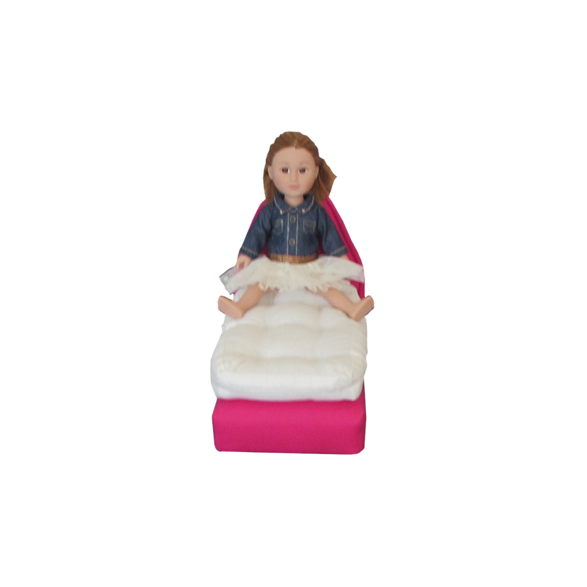 Upholstered Bright Pink Doll Bed and Mattress for 6.5-inch dolls with doll Third view