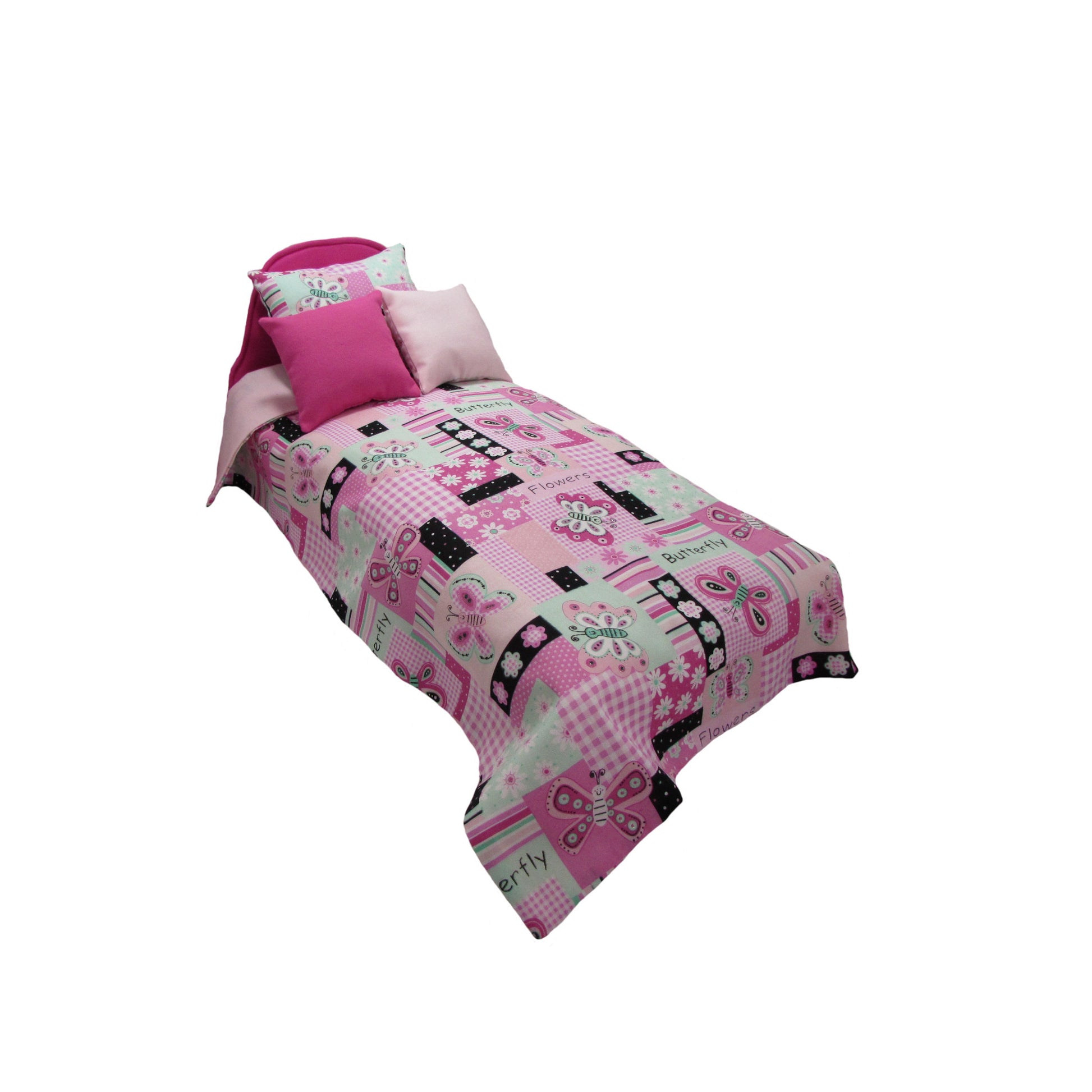Upholstered Bright Pink Doll Bed and Patchwork Print Doll Bed Bedding for 14.5-inch dolls