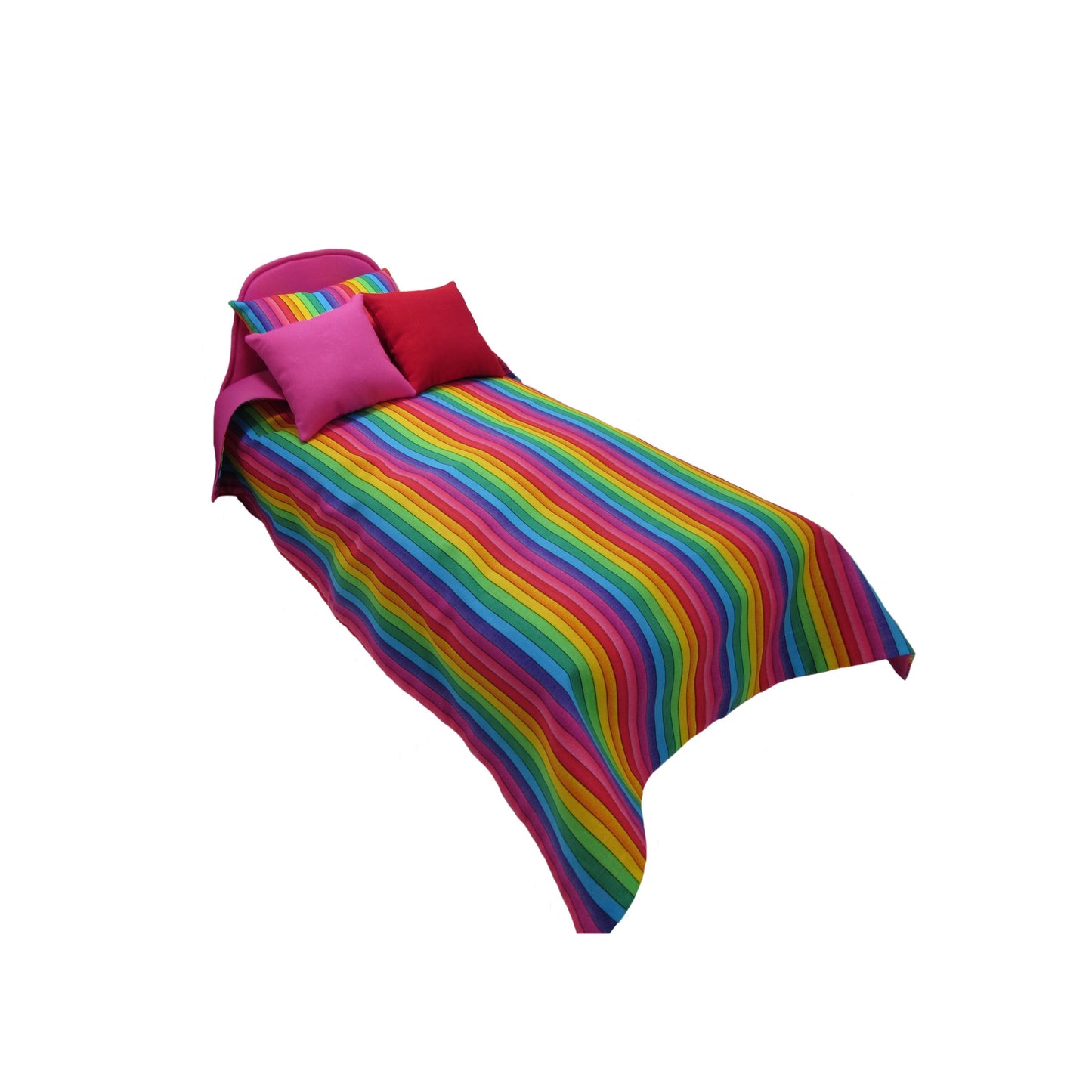 Upholstered Bright Pink Doll Bed and Rainbow Print Doll Bedding for 14.5-inch dolls