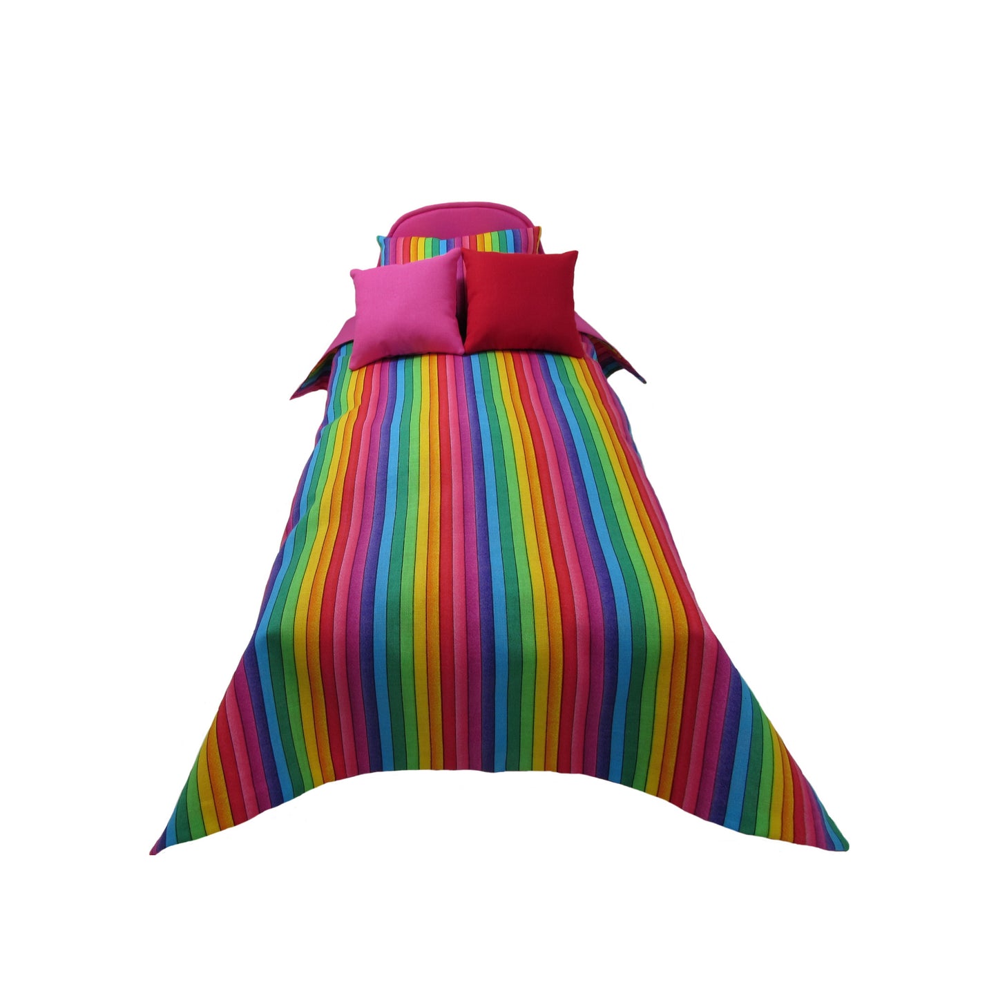 Upholstered Bright Pink Doll Bed and Rainbow Print Doll Bedding for 14.5-inch dolls Second view