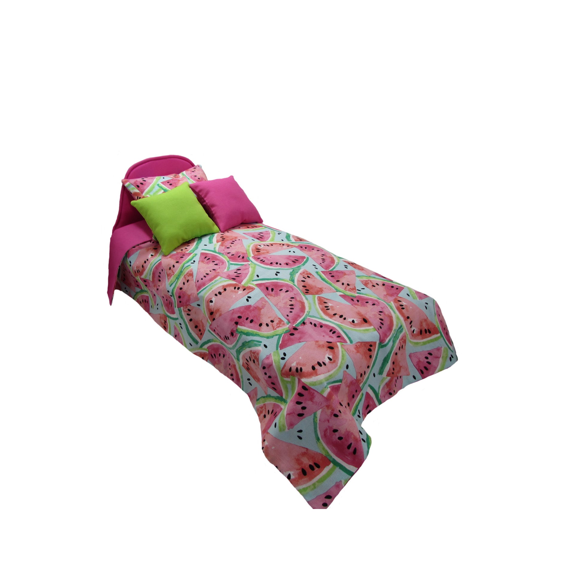 Upholstered Bright Pink Doll and Watermelon Doll Bedding for 14.5-inch dolls