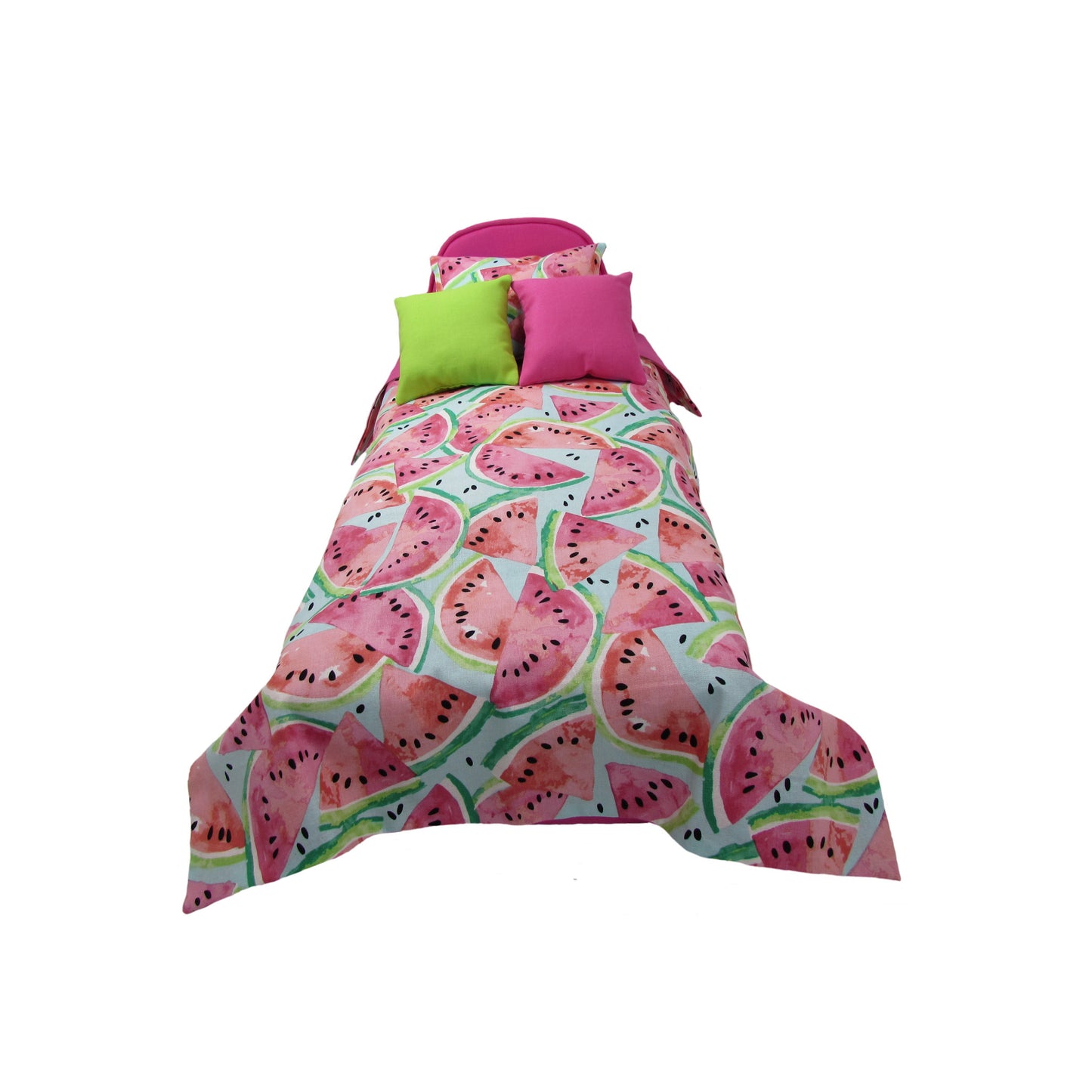 Upholstered Bright Pink Doll Bed and Watermelon Doll Bedding for 14.5-inch dolls Second view