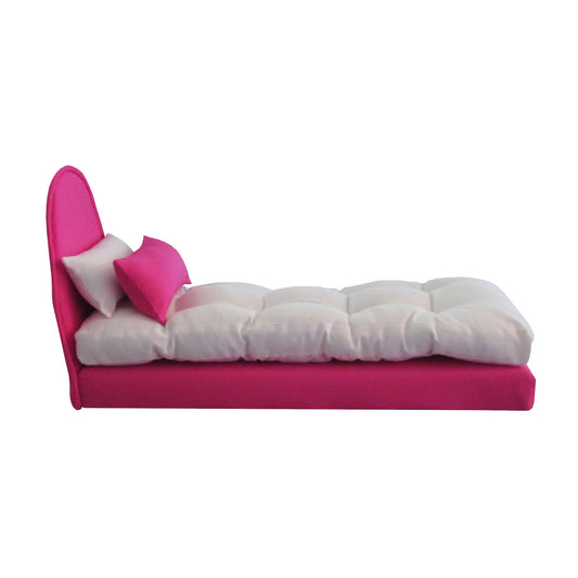 Upholstered Bright Pink Doll Bed with Two Pillows for 11.5-inch and 12-inch dolls
