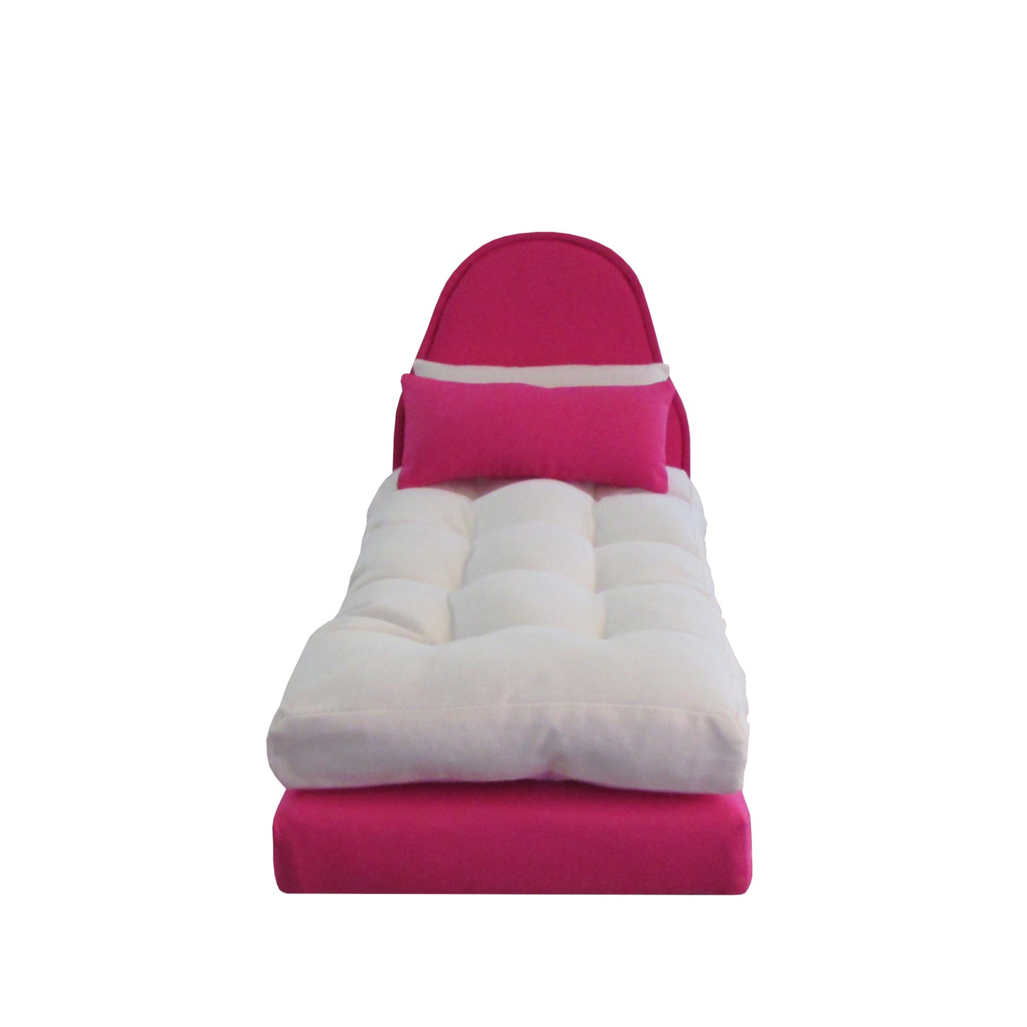 Upholstered Bright Pink Doll Bed with Two Pillows for 11.5-inch and 12-inch dolls Front view