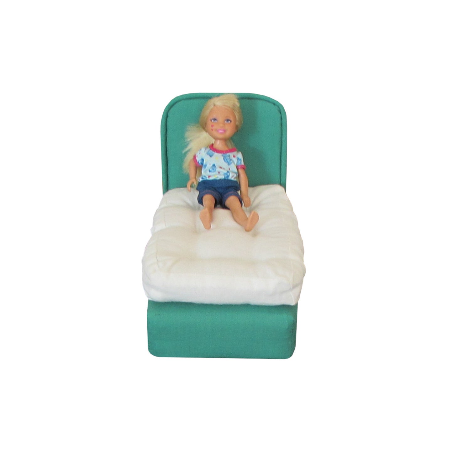 Upholstered Kelly Green Doll Bed for 6.5-inch dolls with doll
