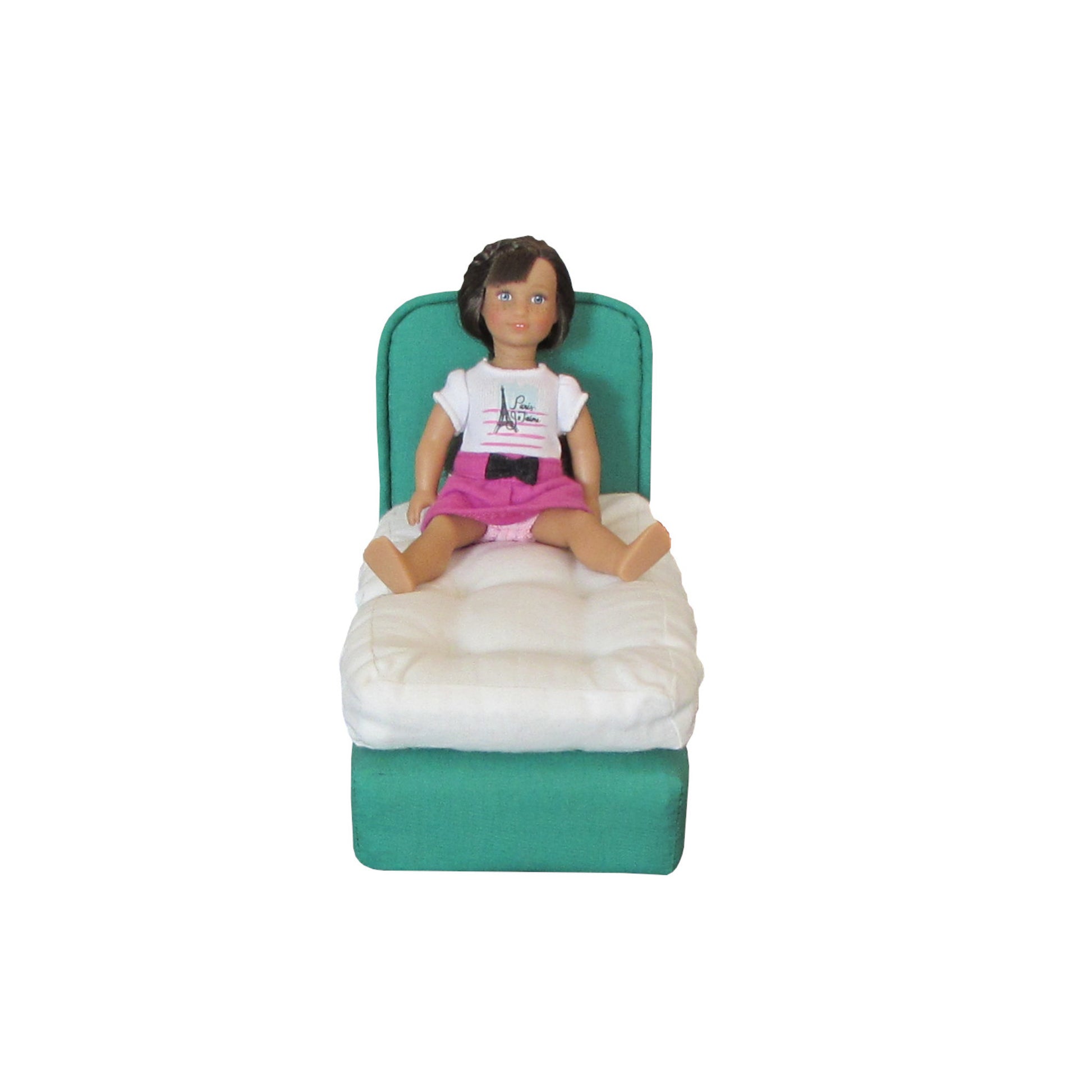 Upholstered Kelly Green Doll Bed for 6.5-inch dolls with doll Second view