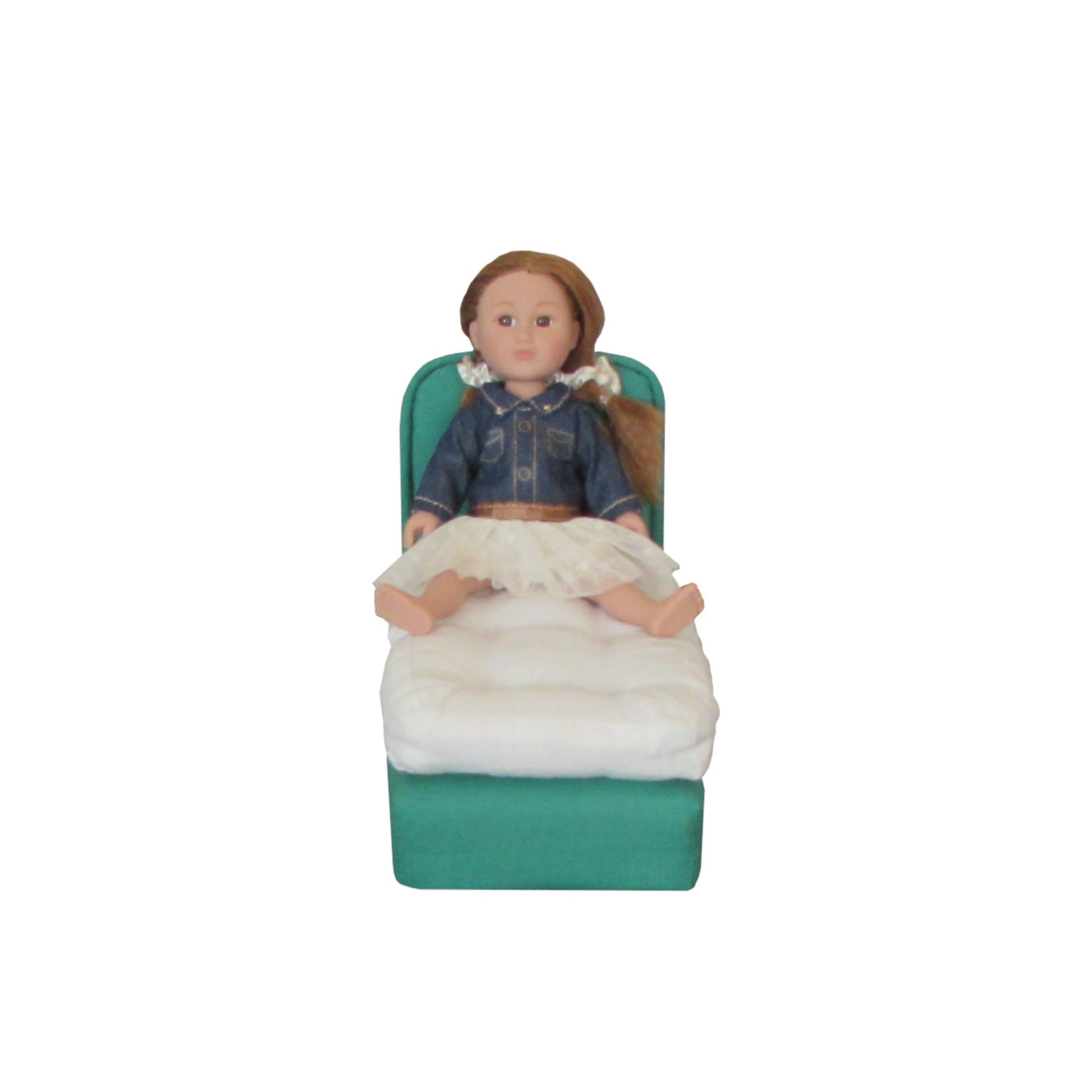Upholstered Kelly Green Doll Bed for 6.5-inch dolls with doll Third view