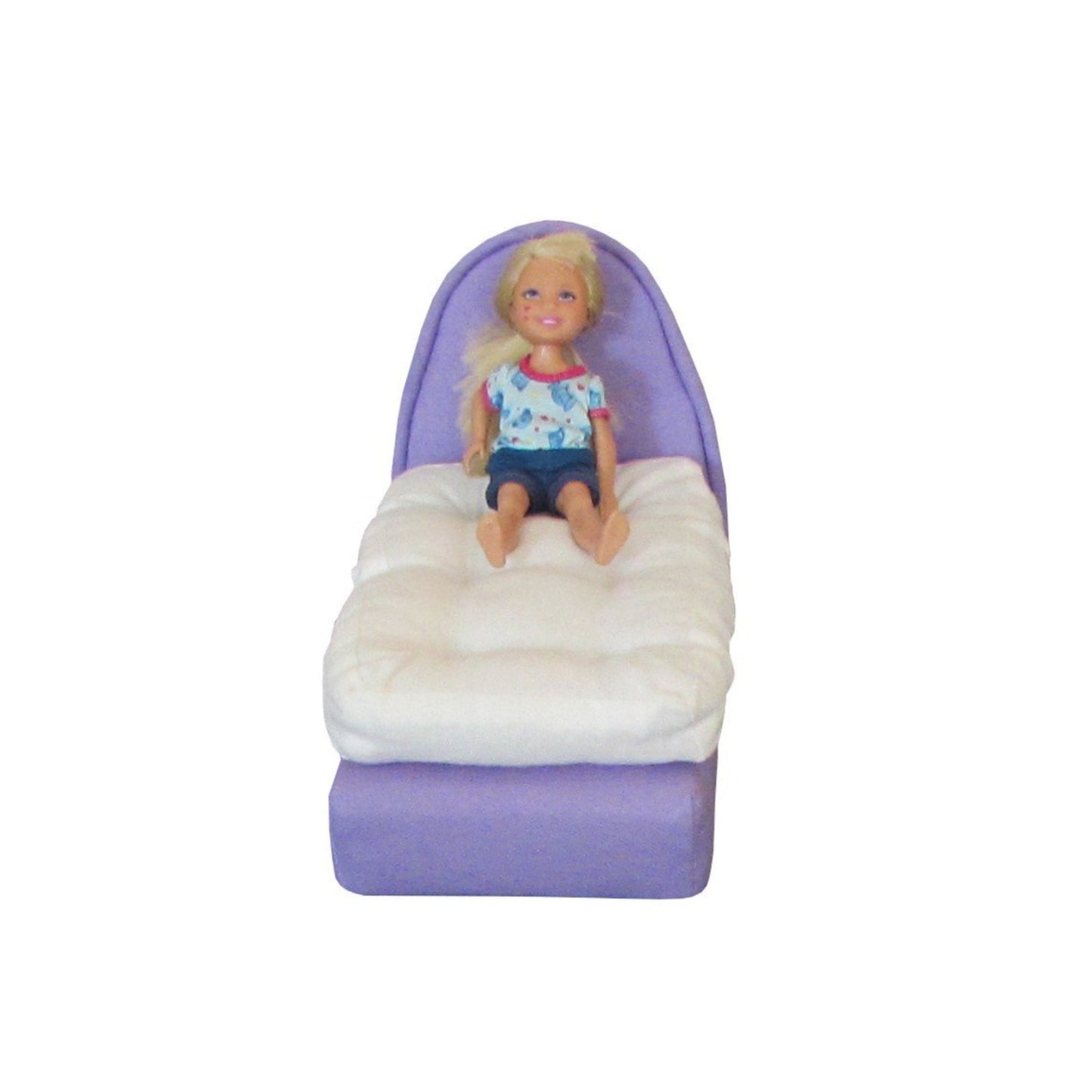 Upholstered Lavender Doll Bed and Mattress for 6.5-inch dolls with doll