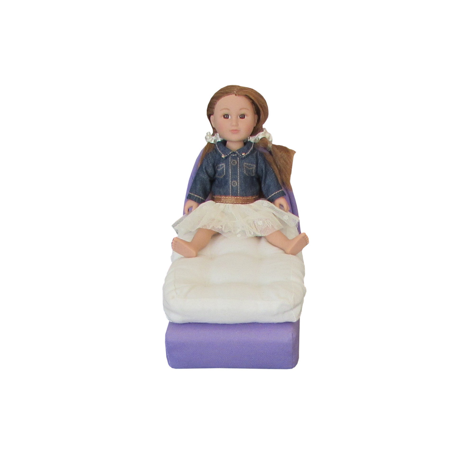 Upholstered Lavender Doll Bed and Mattress for 6.5-inch dolls with doll Third view