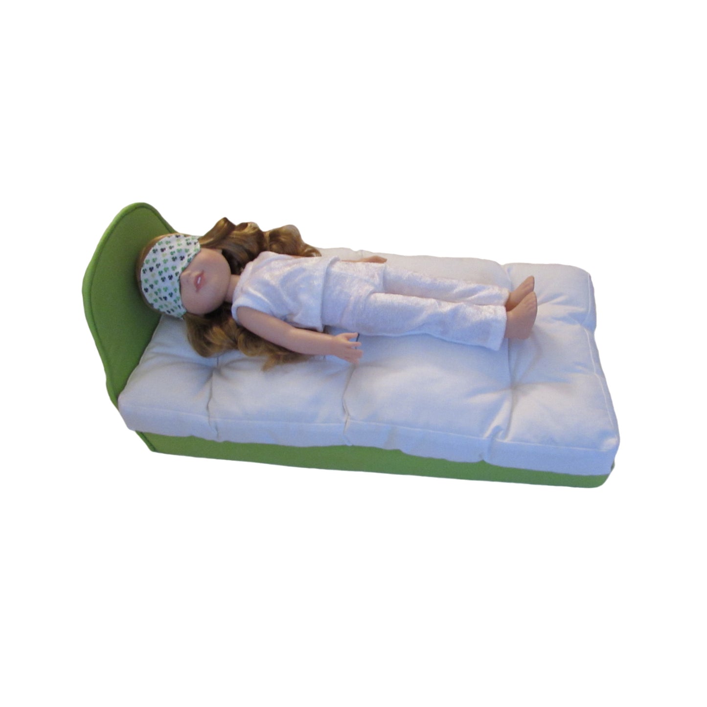 Upholstered Light Green Doll Bed for 14.5-inch dolls doll in white panne velvet pajamas and clover eye mask