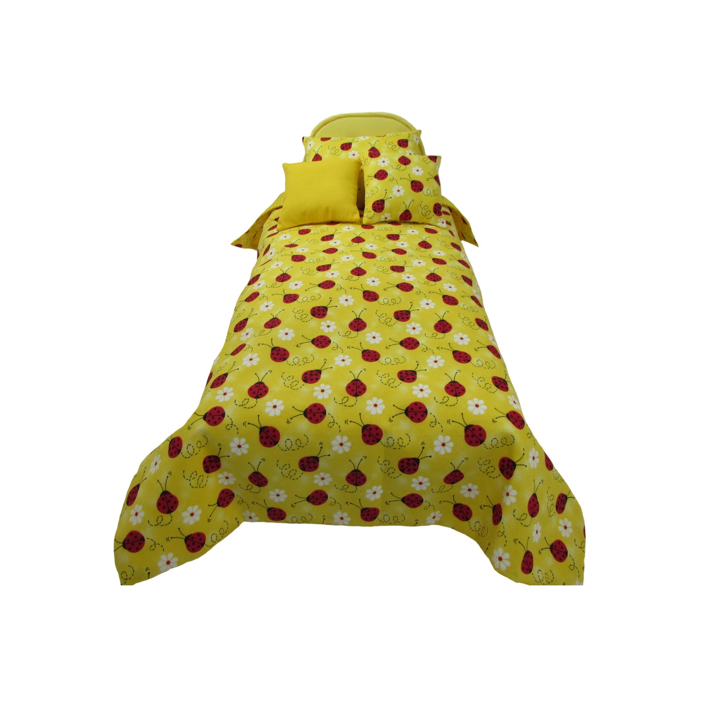 Upholstered Light Yellow Doll Bed and Ladybug Doll Bedding for 14.5-inch dolls Second view