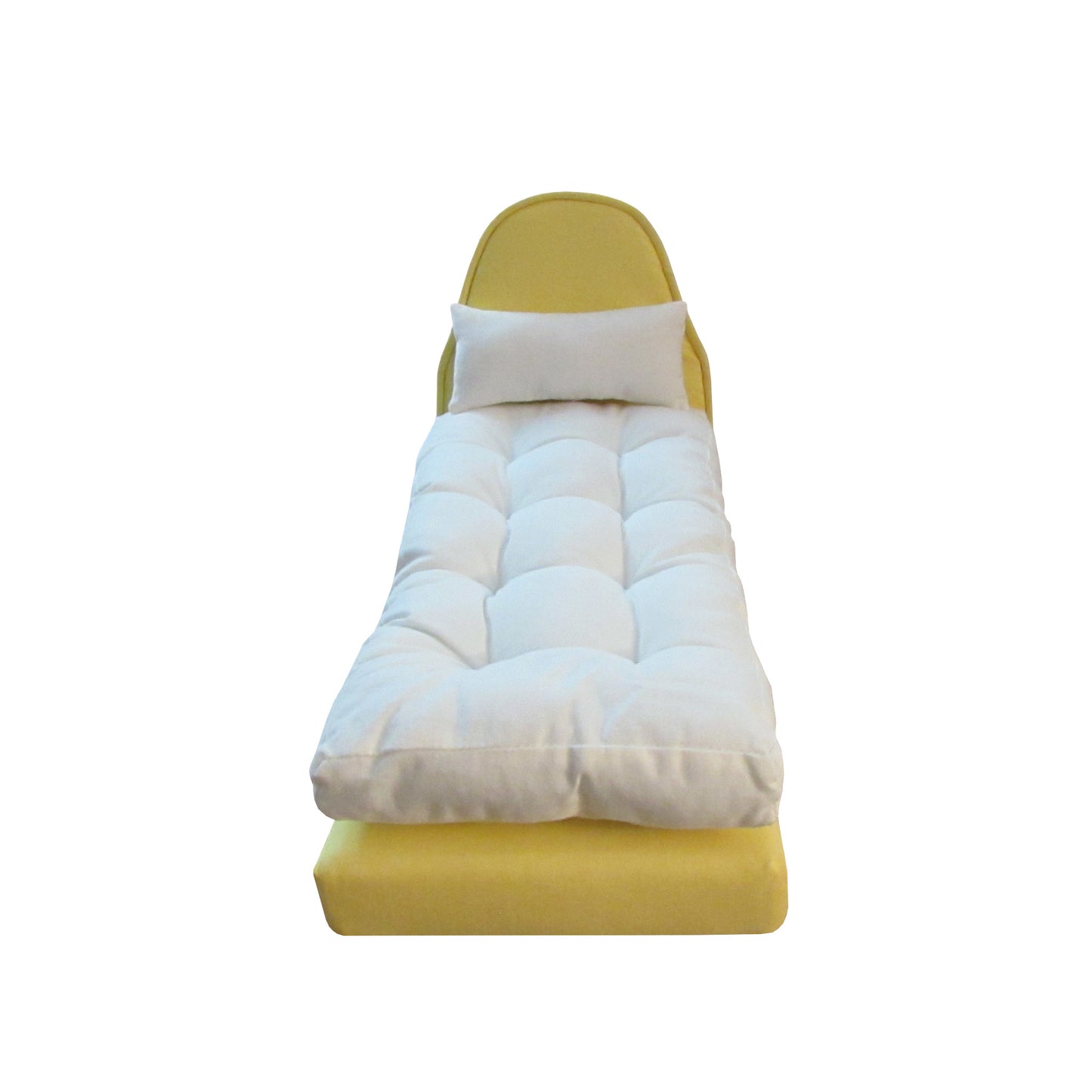 Upholstered Light Yellow Doll Bed and Mattress Front view for 11.5-inch and 12-inch dolls