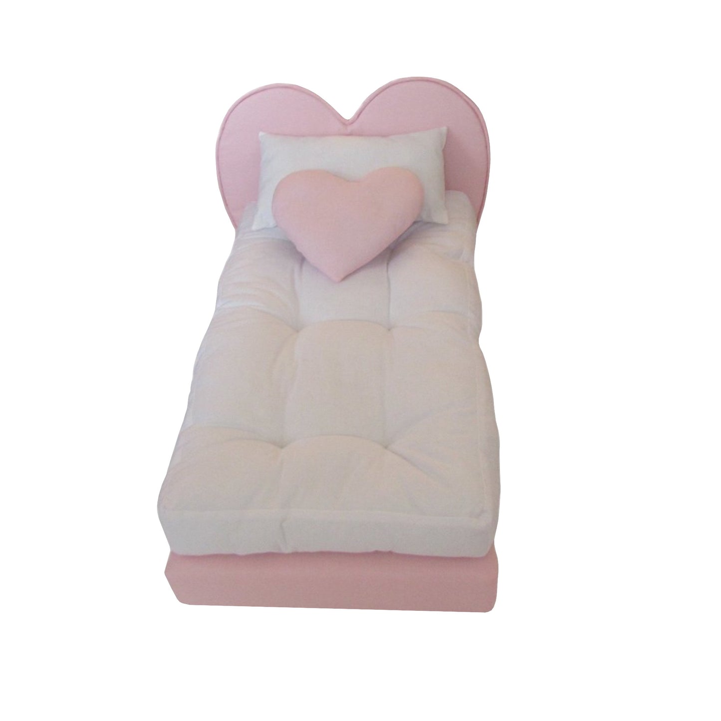 Upholstered Pink Heart Doll Bed for 18-inch dolls with pillows