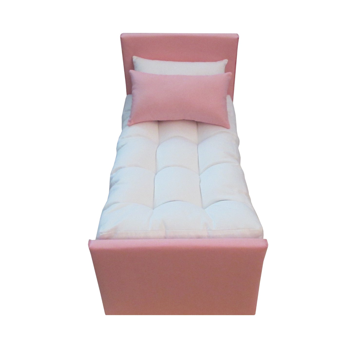 Upholstered Pink Trundle Bed Front View with Mattress and Pillows