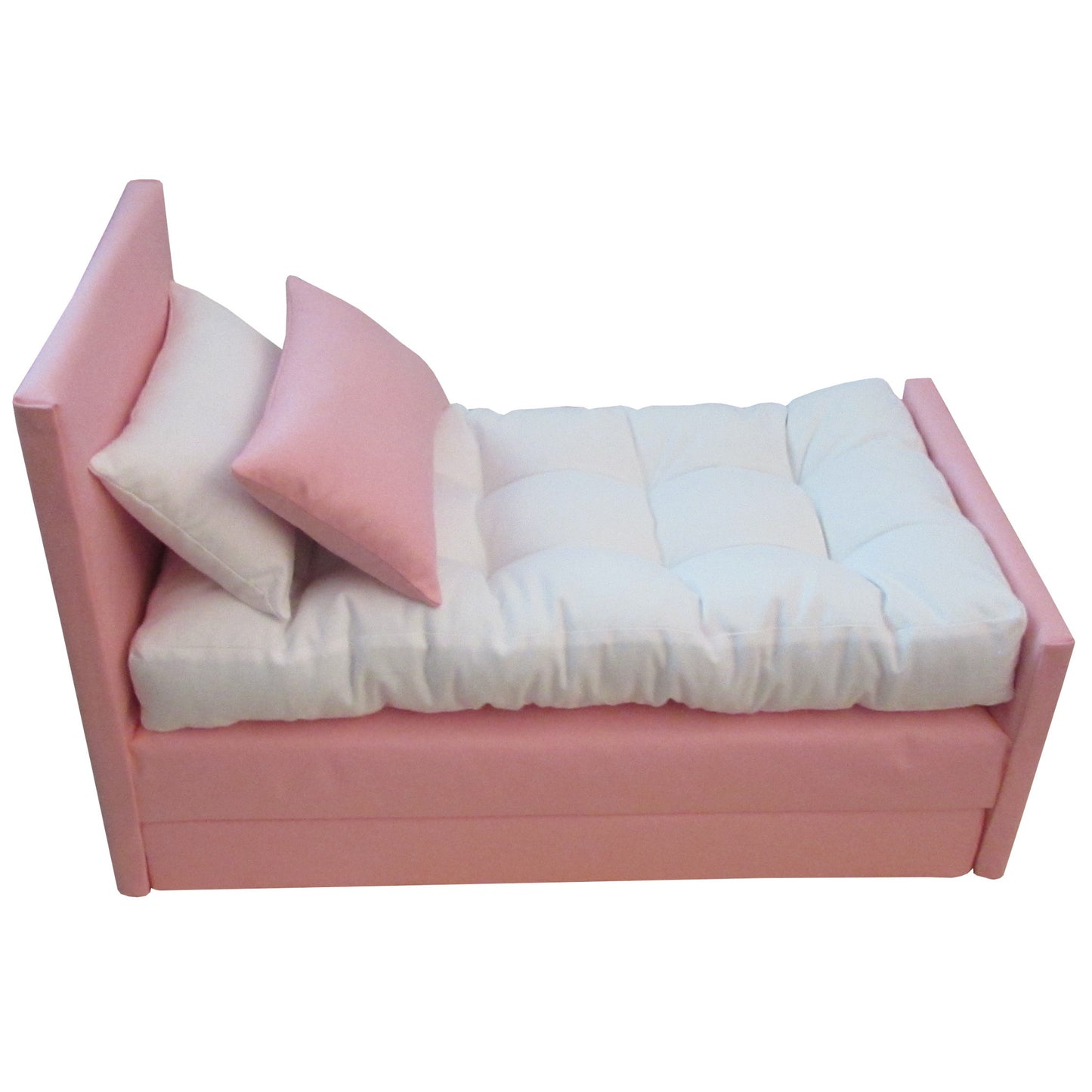 Upholstered Pink Trundle Bed Side View for 18-inch dolls