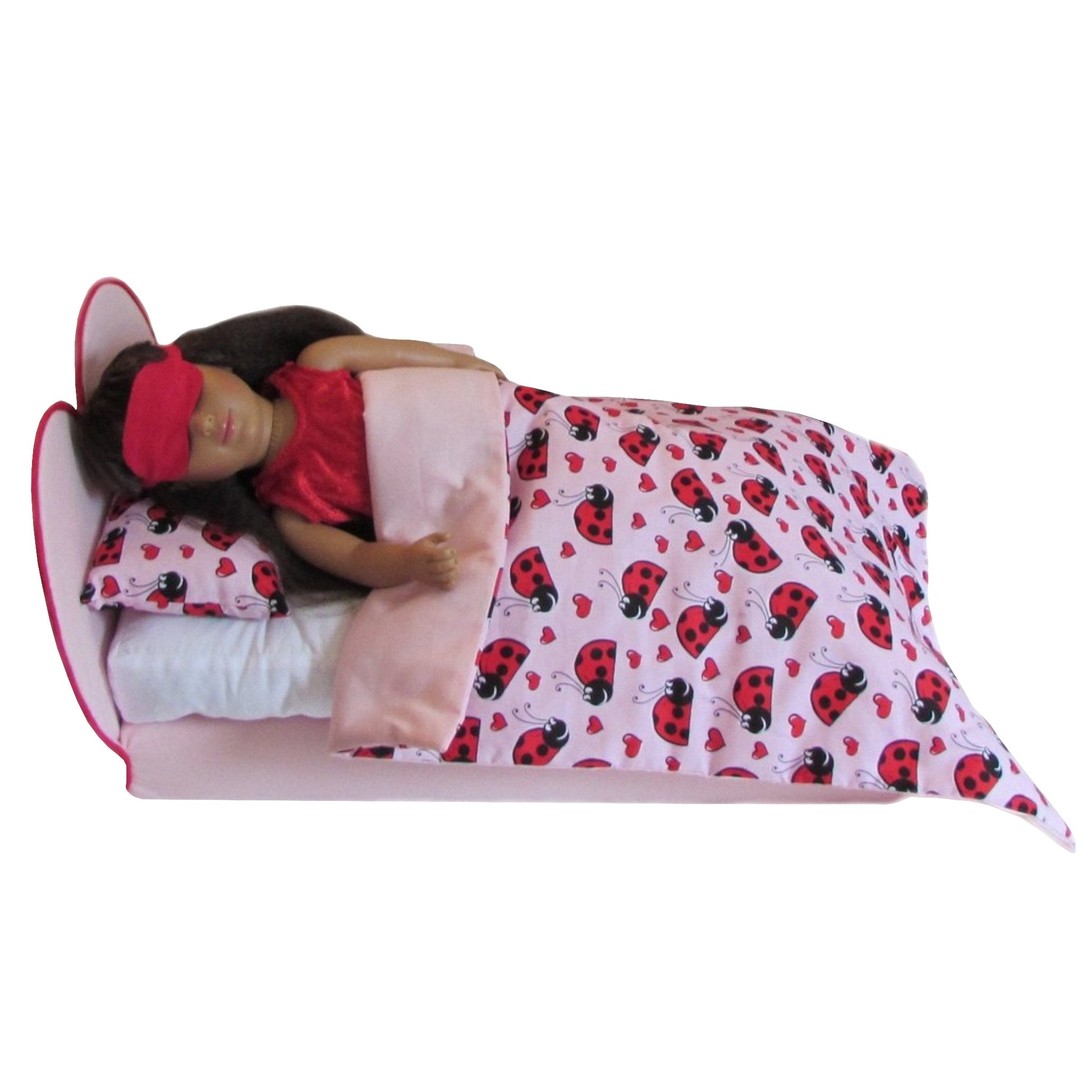 Upholstered Pink and Red Heart Doll Bed for 18-inch dolls 18 inch doll eye mask doll bedding