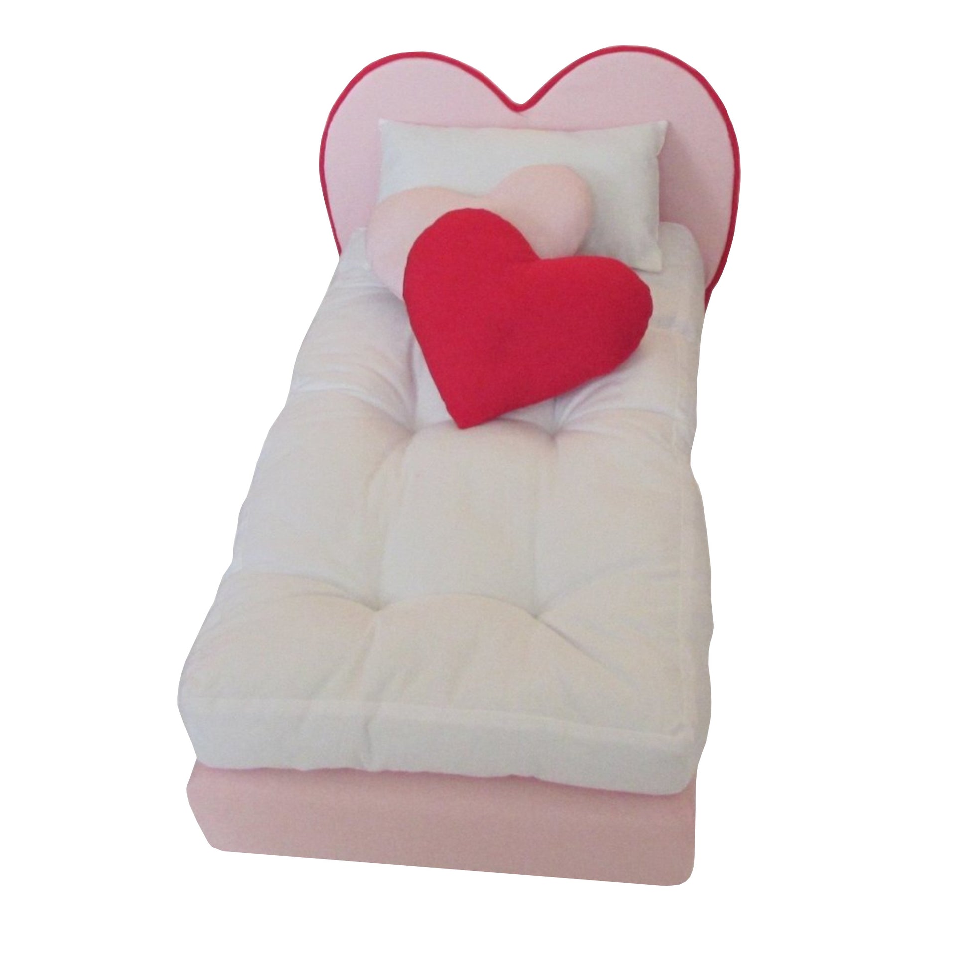 Upholstered Pink and Red Heart Doll Bed for 18-inch dolls with pillows