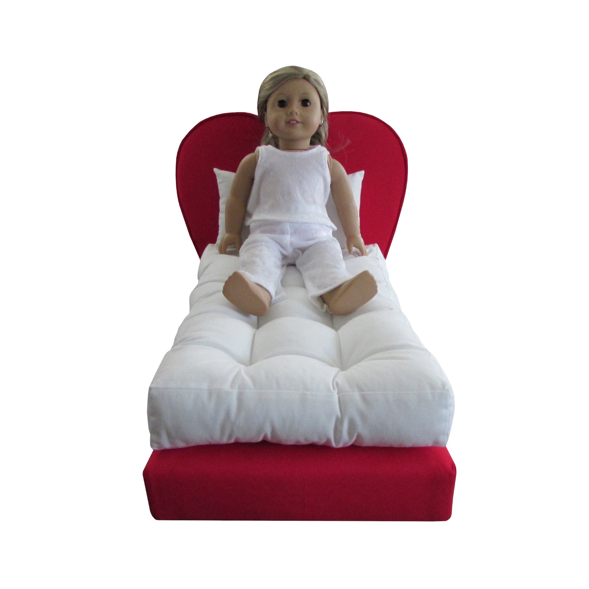 Upholstered Red Heart Doll Bed for 18-inch dolls Doll in white pajamas