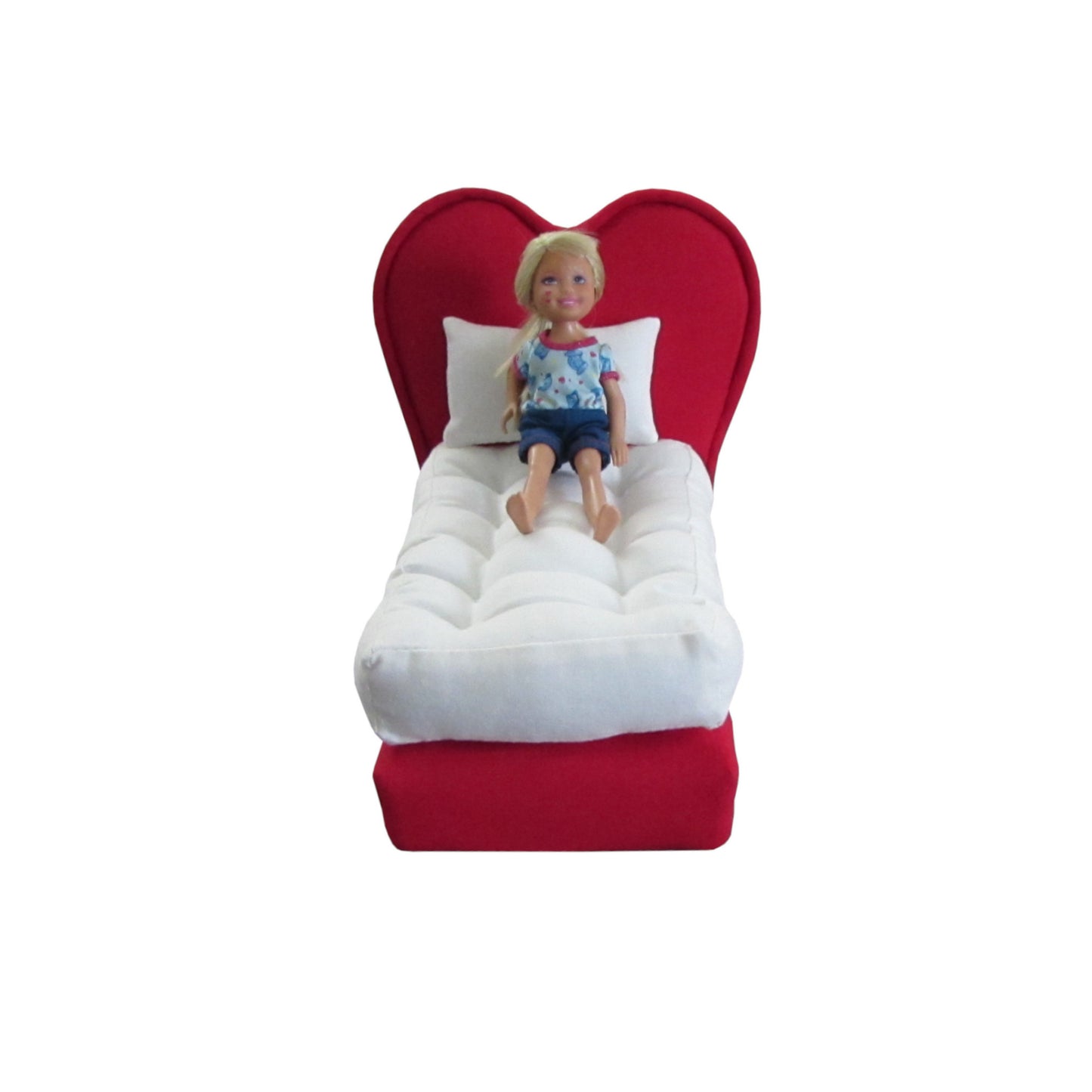 Upholstered Red Heart Doll Bed for 6.5-inch dolls with doll