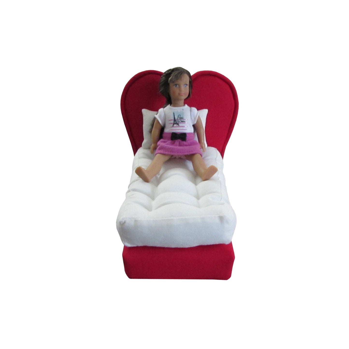 Upholstered Red Heart Doll Bed for 6.5-inch dolls with doll Second view