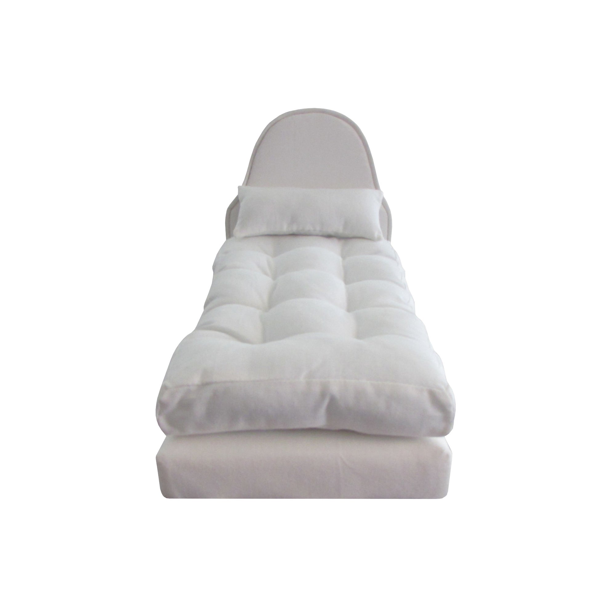 Upholstered White Doll Bed and Mattress for 11.5-inch and 12-inch dolls Front view