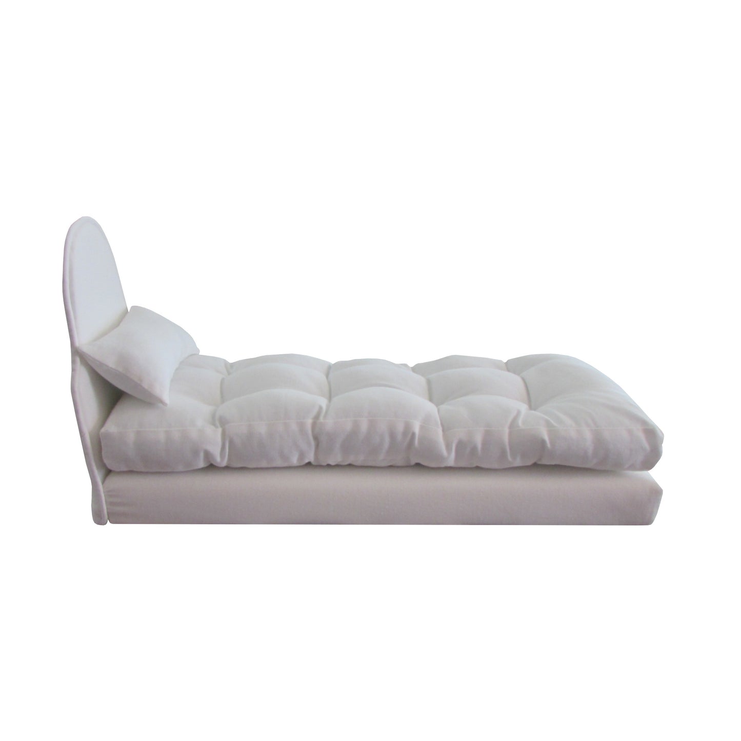 Upholstered White Doll Bed and Mattress for 11.5-inch and 12-inch dolls Side view