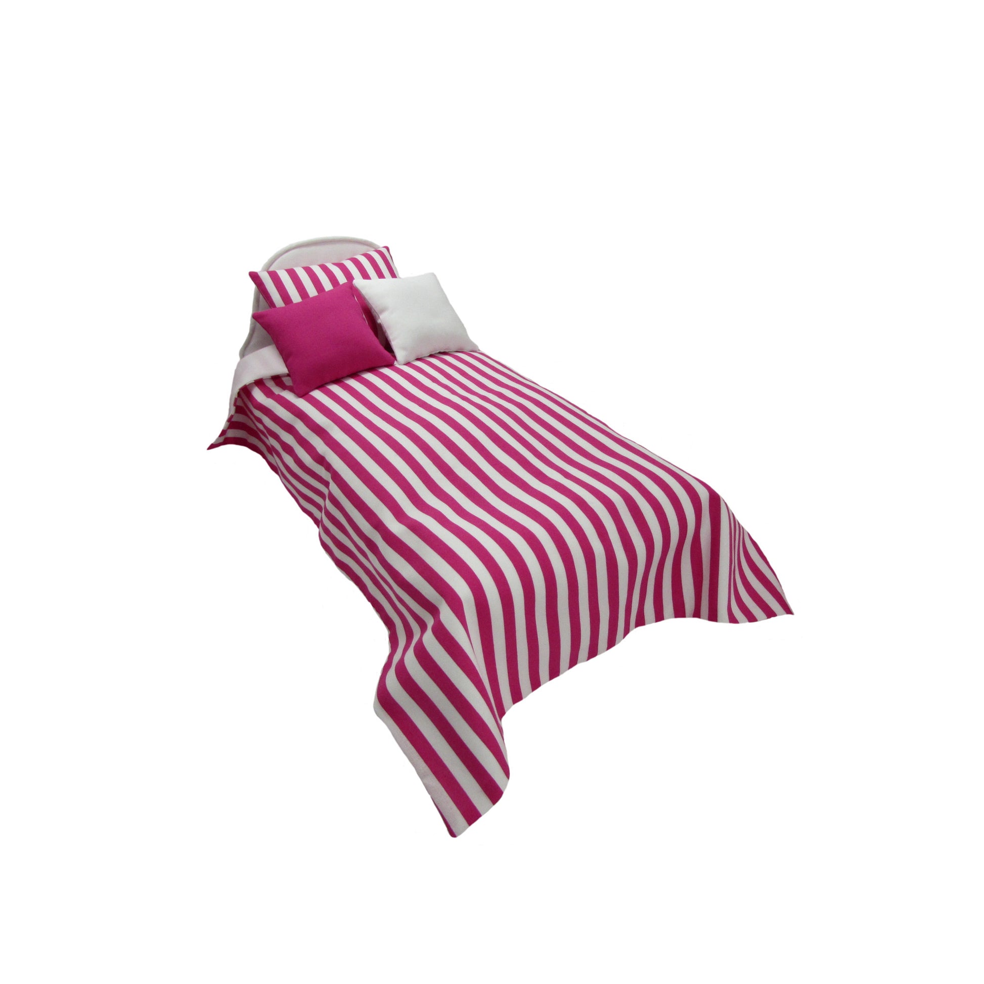 Upholstered White Doll Bed and Pink White Stripes Doll Bed and Bedding for 14.5-inch dolls