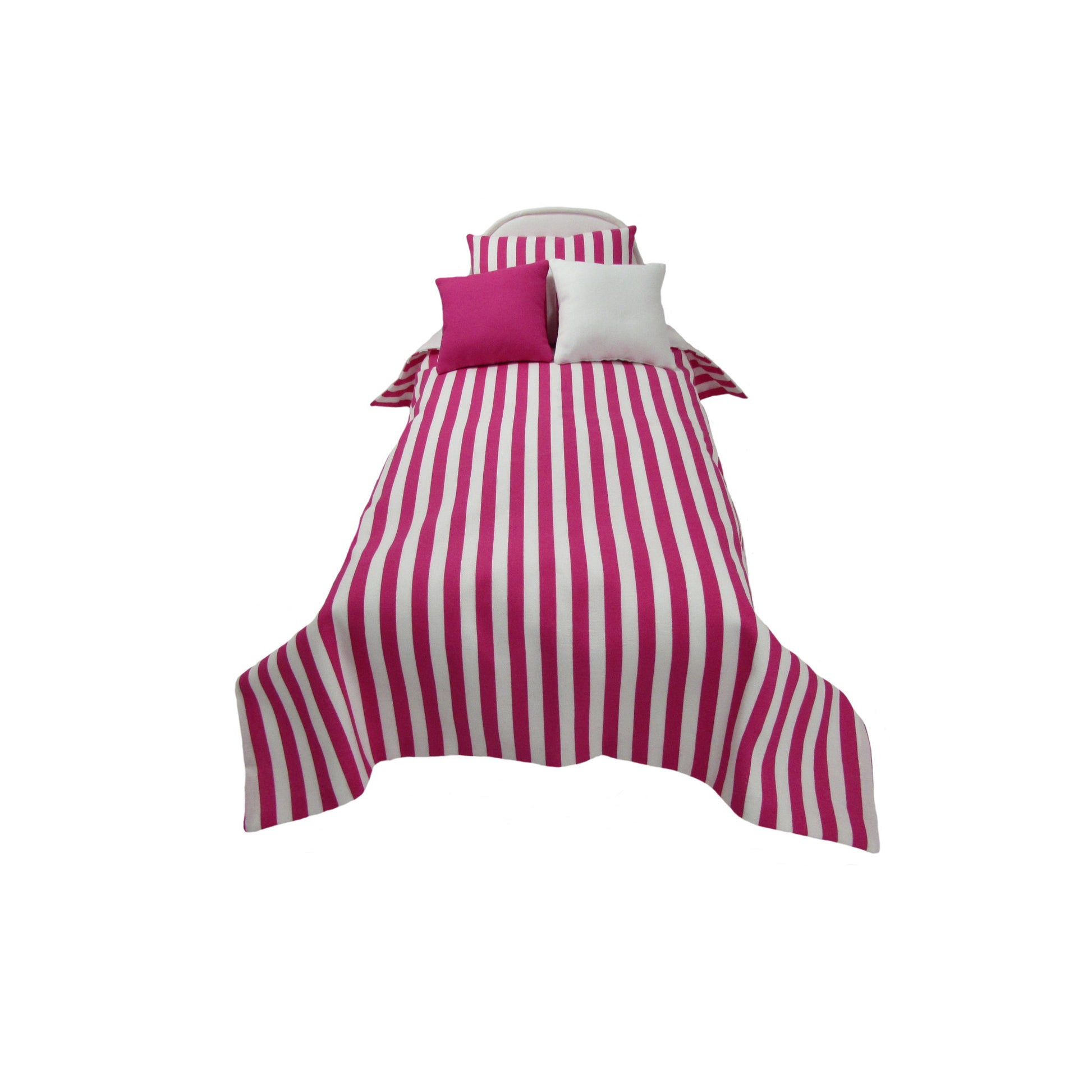Upholstered White Doll Bed and Pink White Stripes Doll Bedding for 14.5-inch dolls Second view
