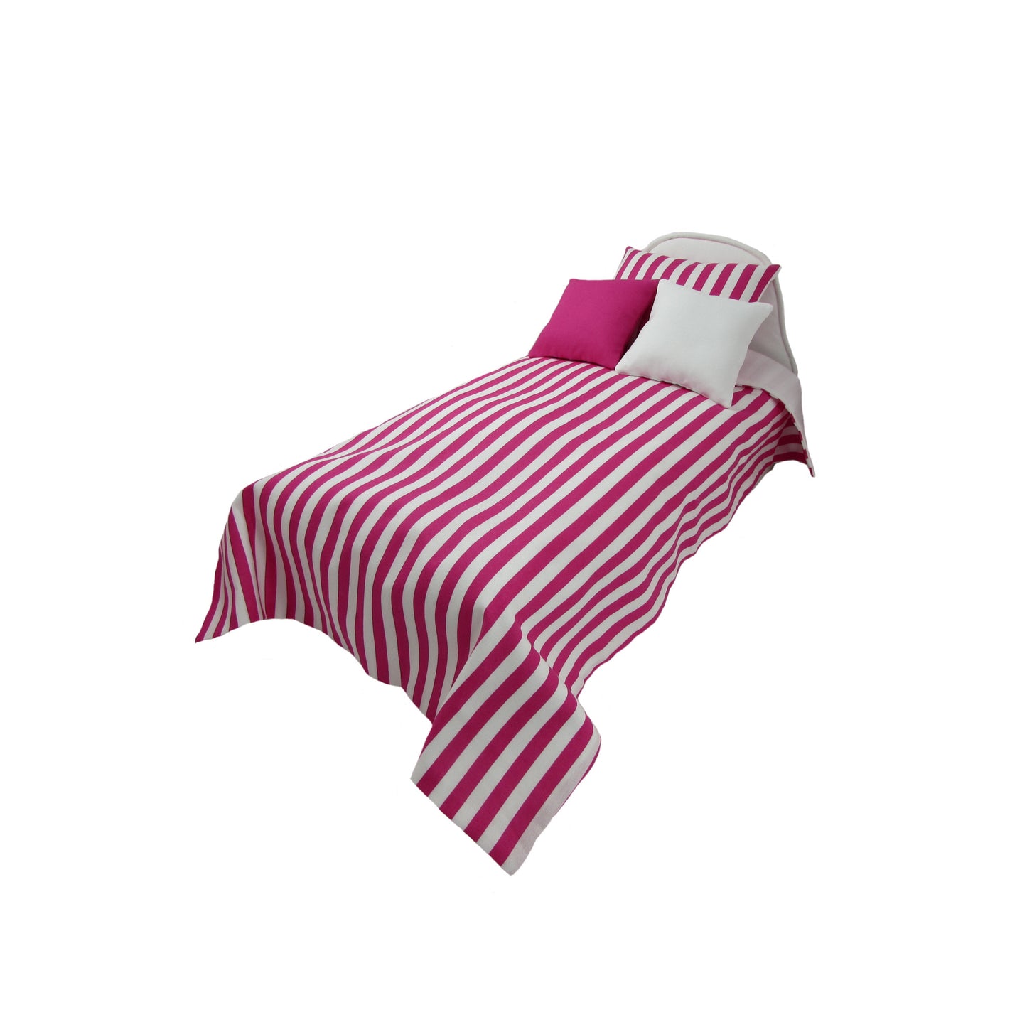 Upholstered White Doll Bed and Pink White Stripes Doll Bedding for 14.5-inch dolls Third view