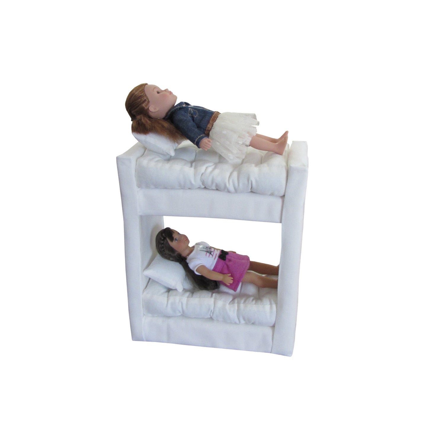 Upholstered White Doll Bunk Bed for 6.5-inch dolls with dolls