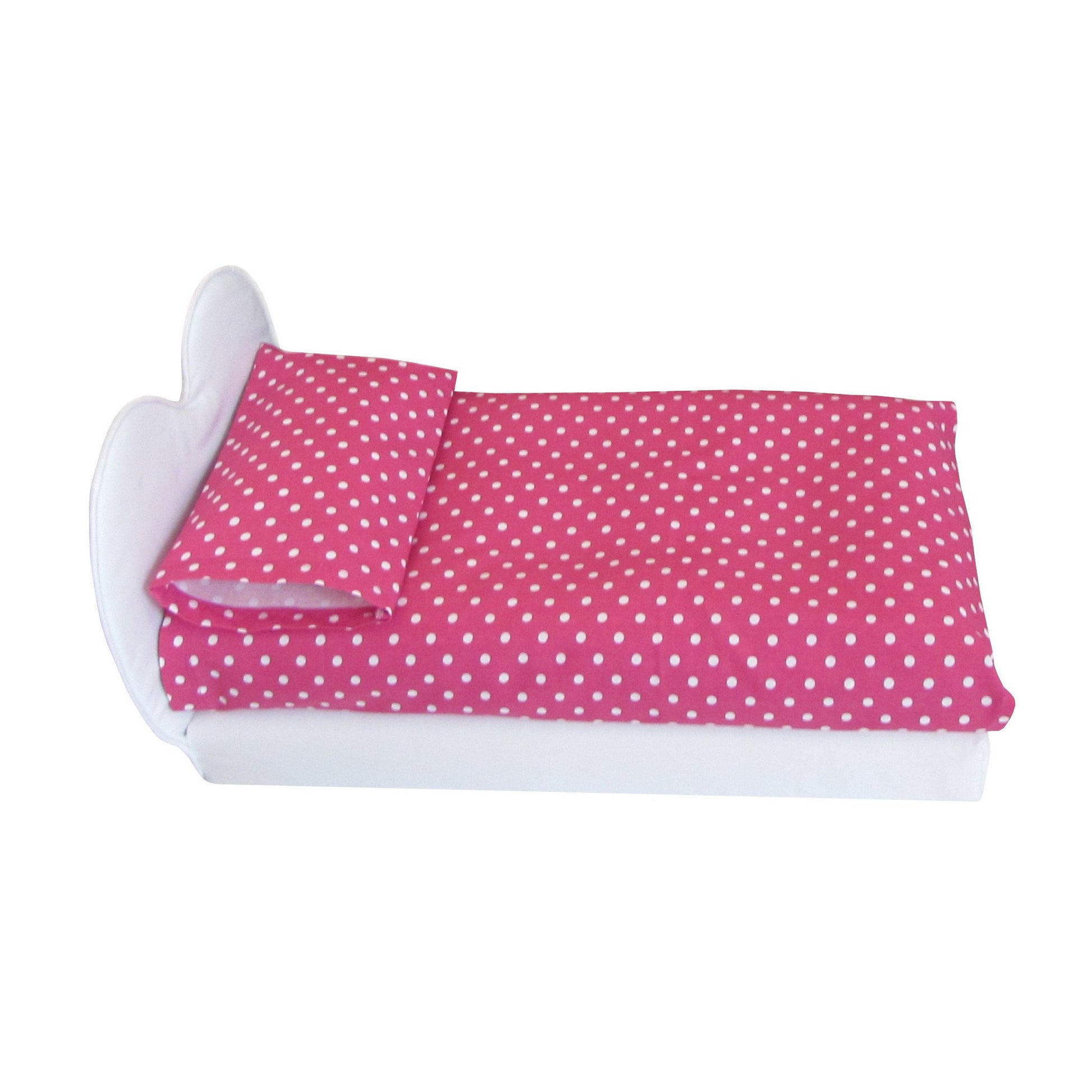 White Heart Doll Bed and Dots Pink Sheet Set for 18-inch dolls