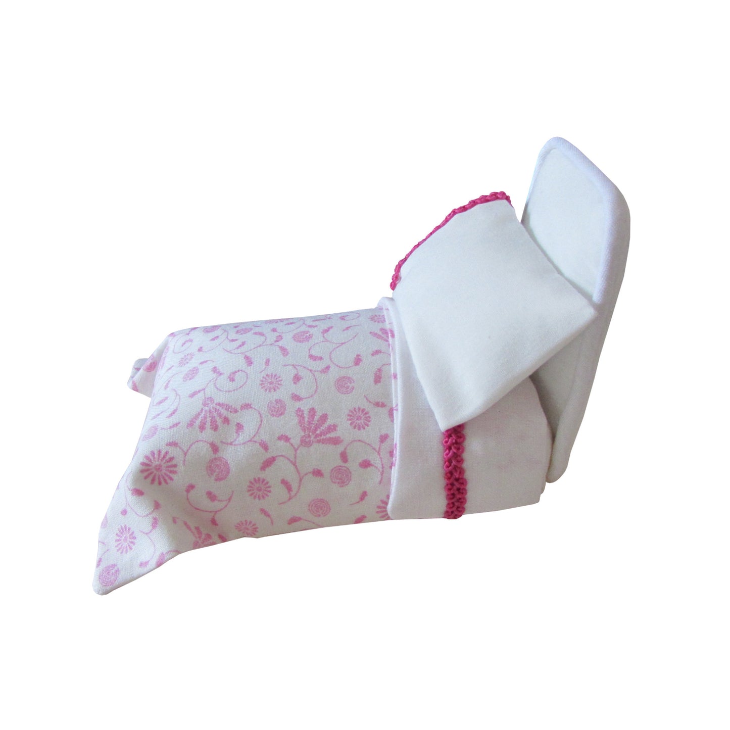 White Pincushion Bed with Hot Pink-Trimmed Floral Bedding Side view 2