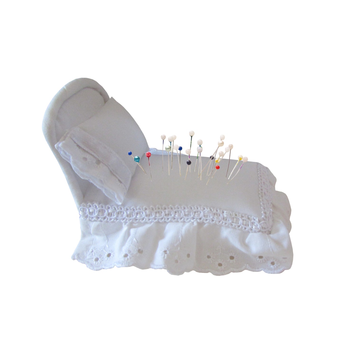White Pincushion Bed with Lace-Trimmed Bedding Side view with pins