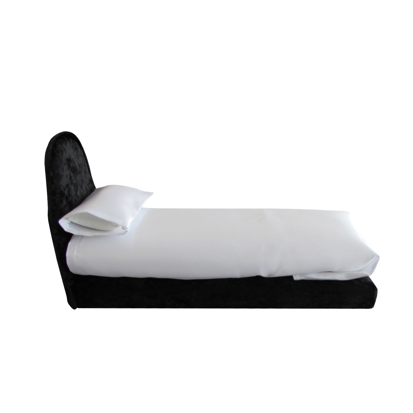 White Satin Doll Fitted Sheet, Pillow, Flat Sheet, and Black Crushed Velvet Doll Bed for 11.5-inch and 12-inch dolls