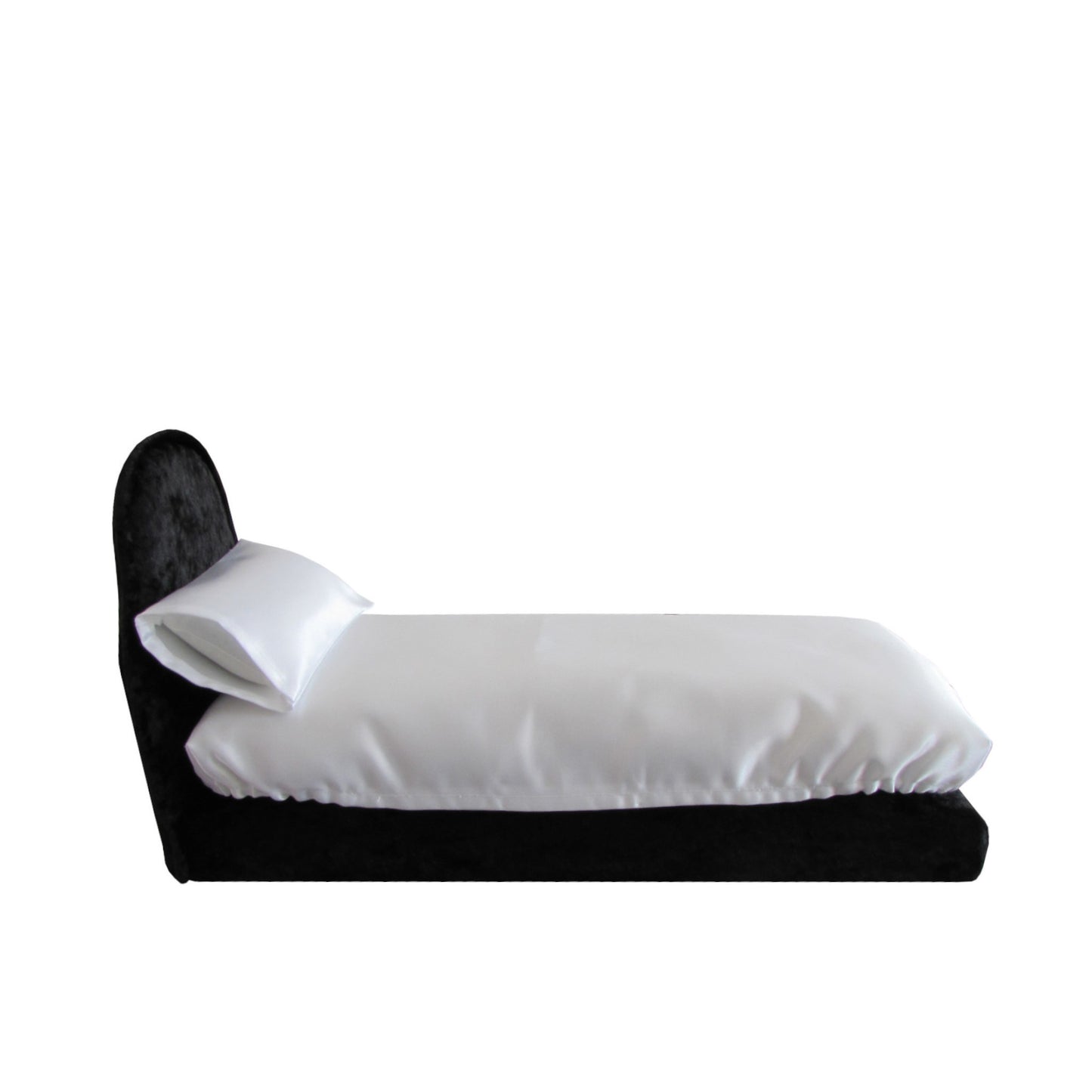 White Satin Doll Fitted Sheet, Pillow, and Black Crushed Velvet Doll Bed for 11.5-inch and 12-inch dolls
