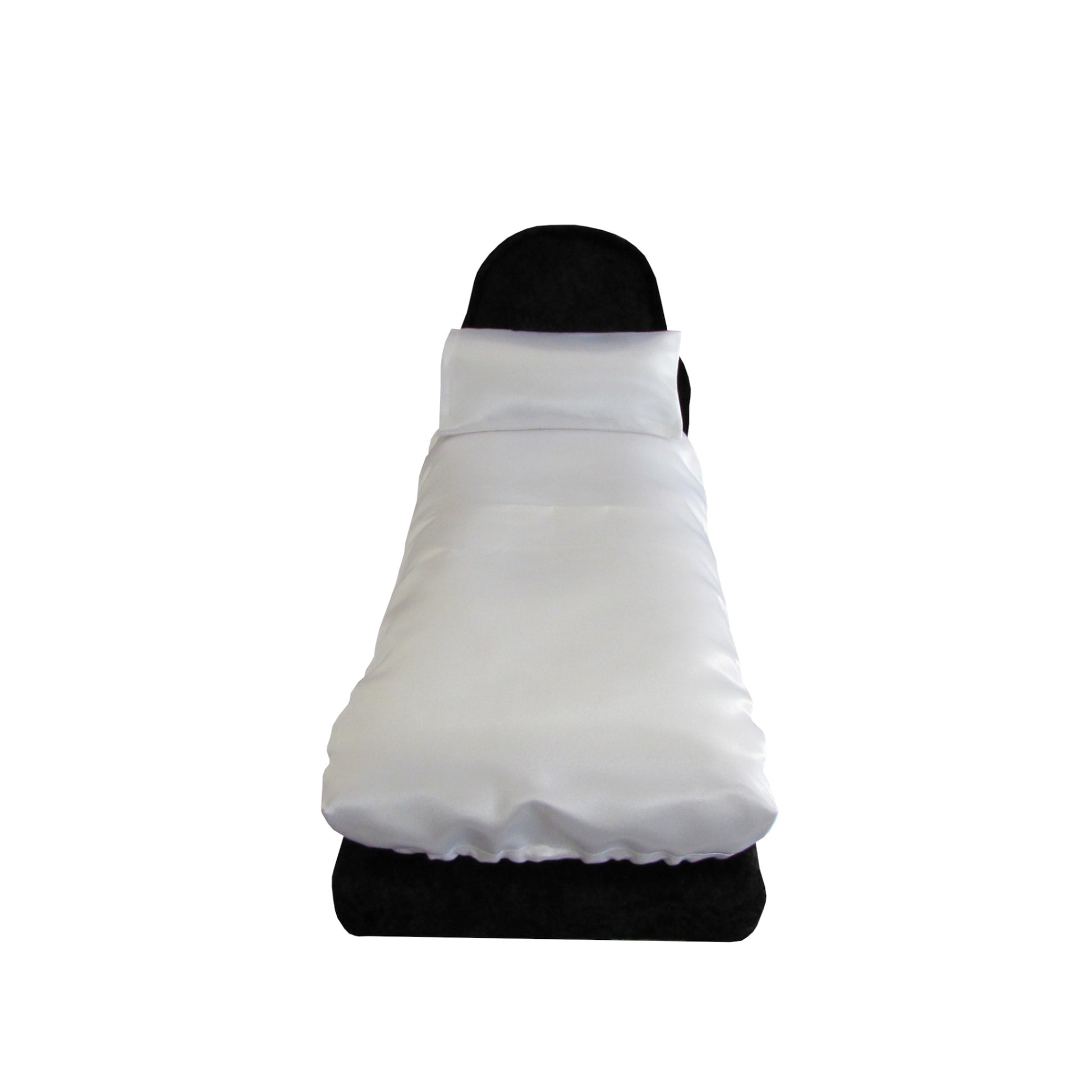 White Satin Doll Fitted Sheet, Pillow, and Black Crushed Velvet Doll Bed for 11.5-inch and 12-inch dolls Second view