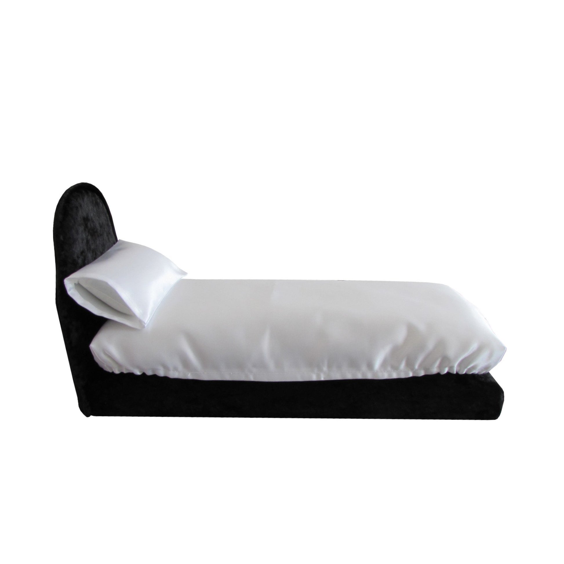 White Satin Doll Fitted Sheet, Pillow, and Black Crushed Velvet Doll Bed for 11.5-inch and 12-inch dolls