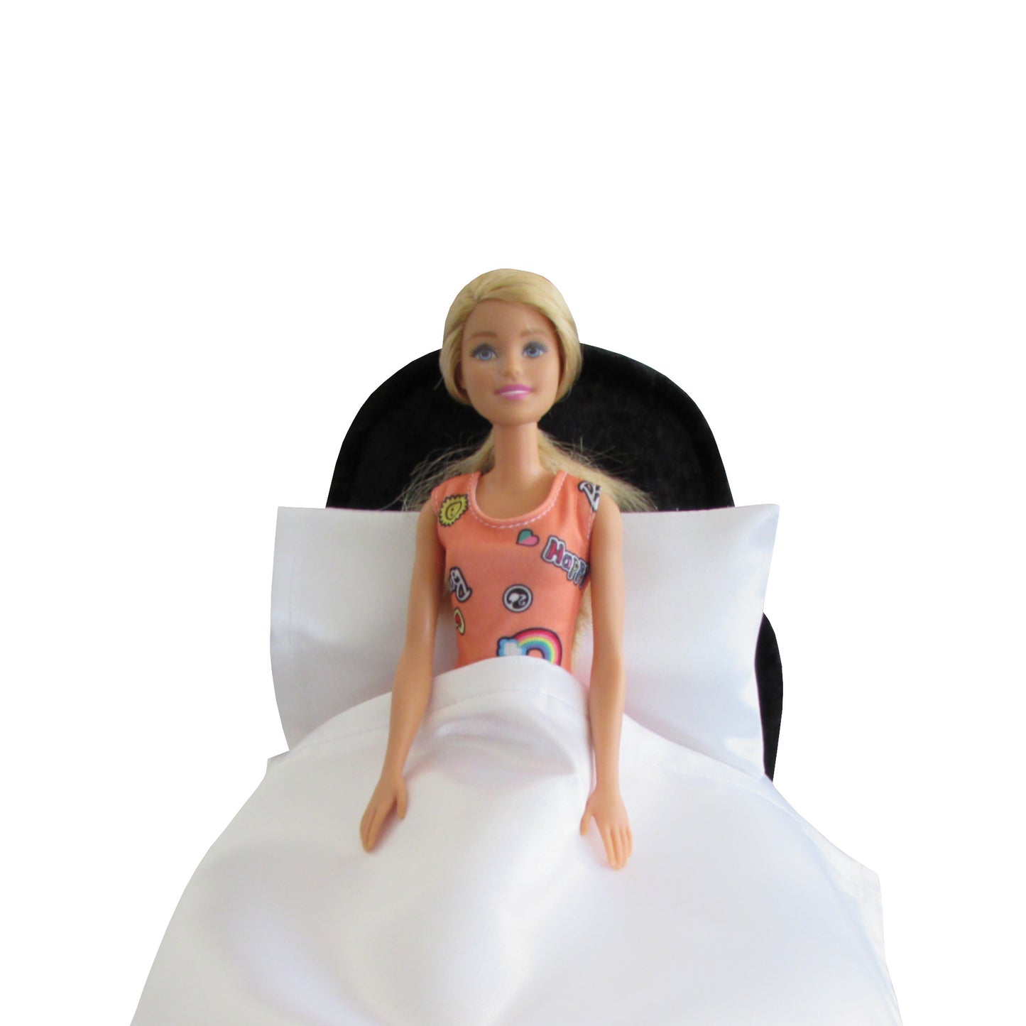 White Satin Doll Fitted Sheet, Pillow, and Black Crushed Velvet Doll Bed for 11.5-inch and 12-inch dolls with Barbie doll